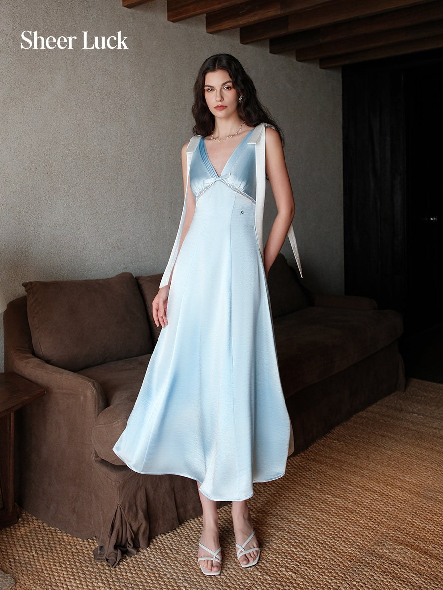 SHEERLUCK SLLYQ26104 Satin French Style V-neck Camisole Dress