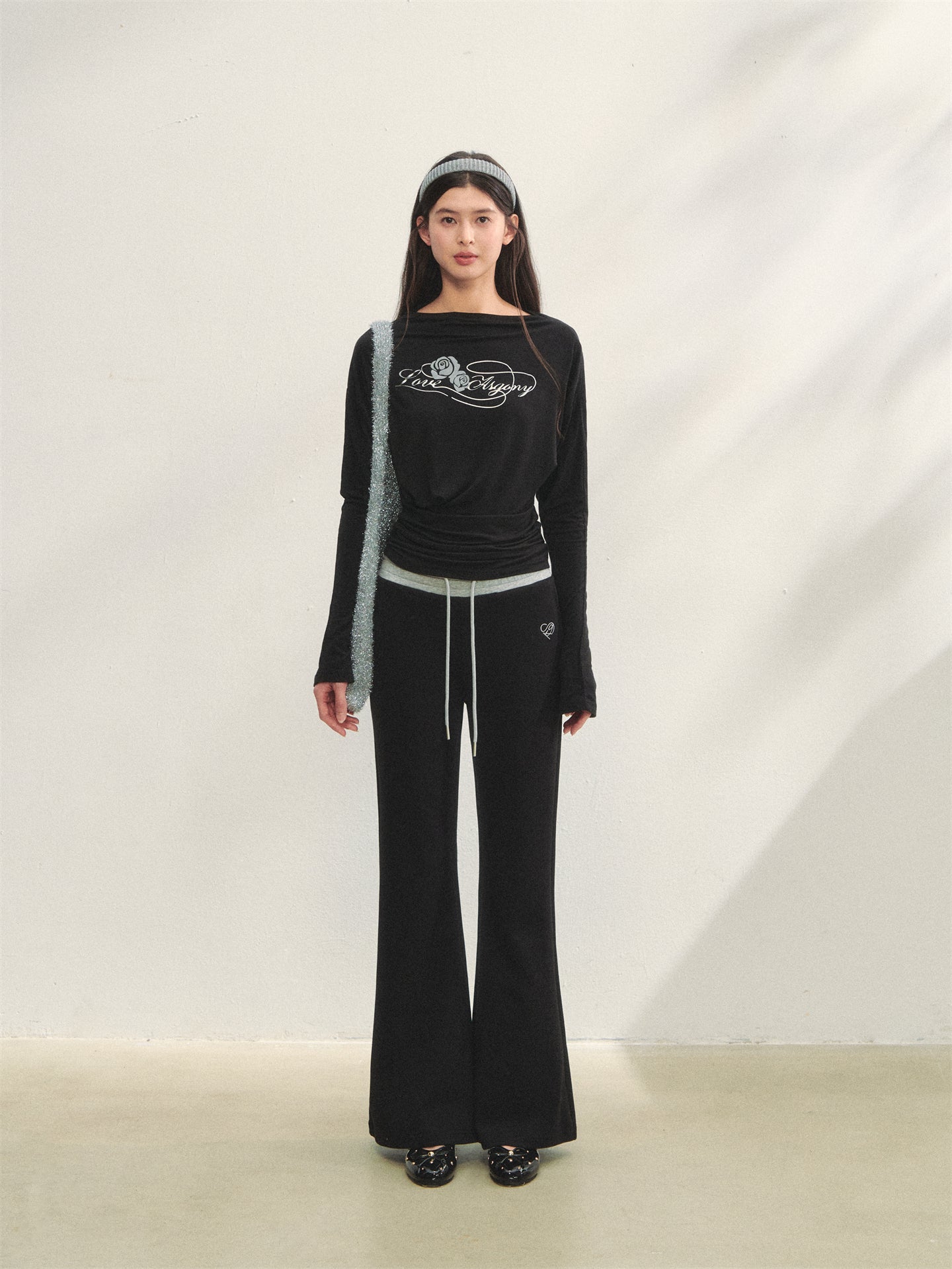 AsGony ASG25286&ASG25287 Printed slim fit pleated long sleeved T-shirt + pants