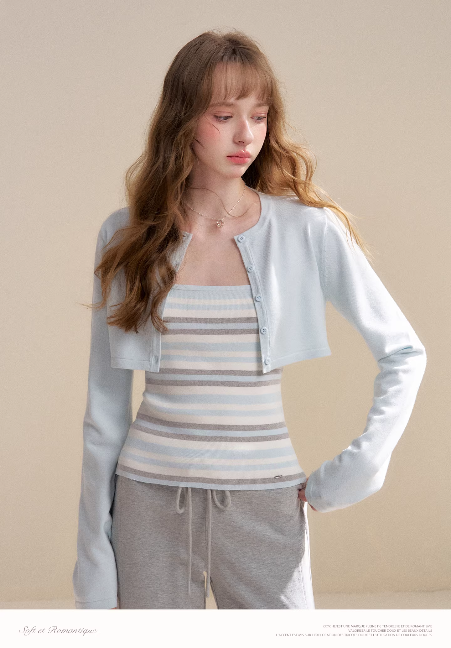 Kroche KZY2064 Long sleeved knitted cardigan + striped camisole