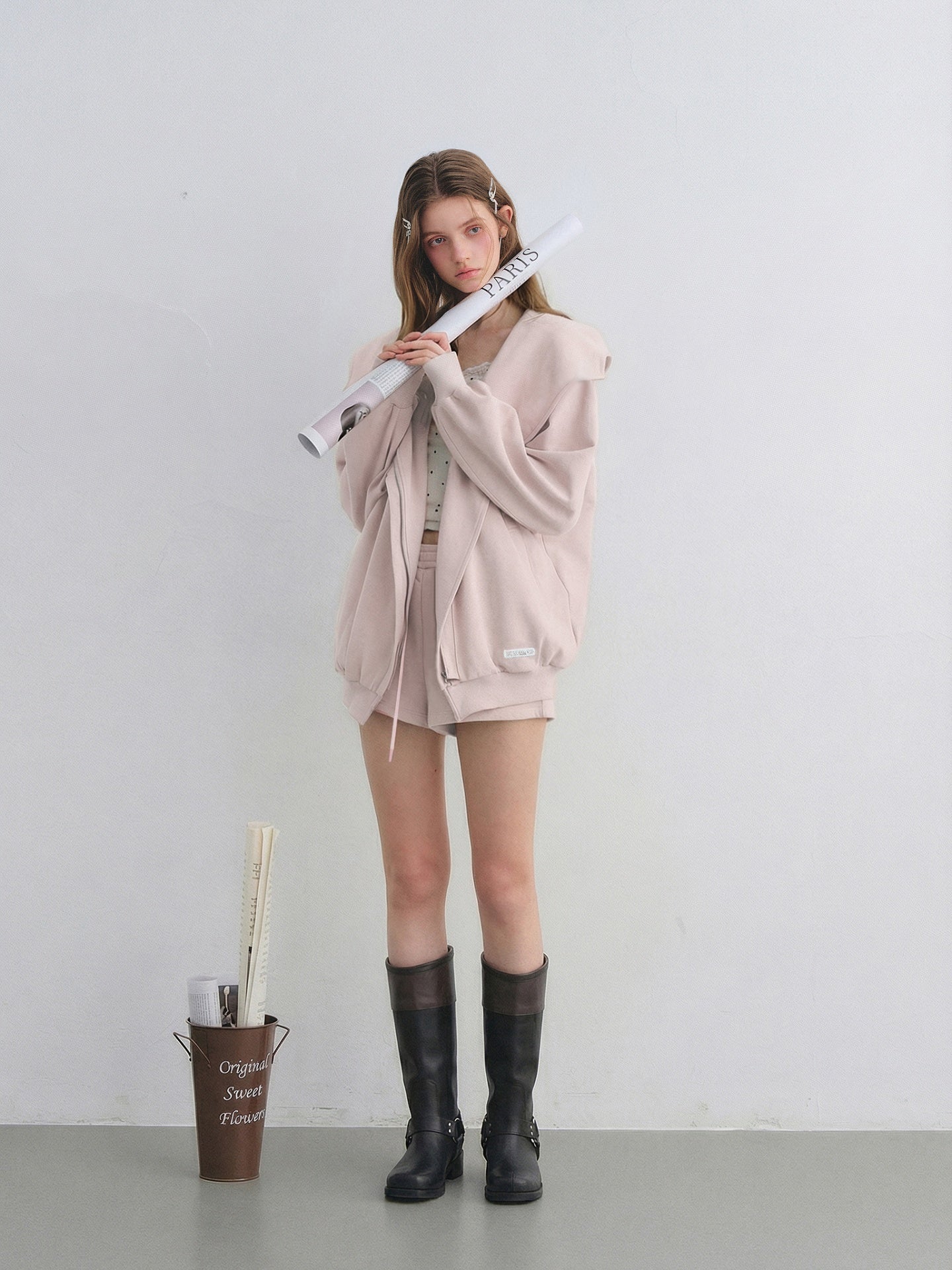 AsGony ASG25665&ASG25667 Big collar hooded zipper sweatshirt jacket + sweatpants set