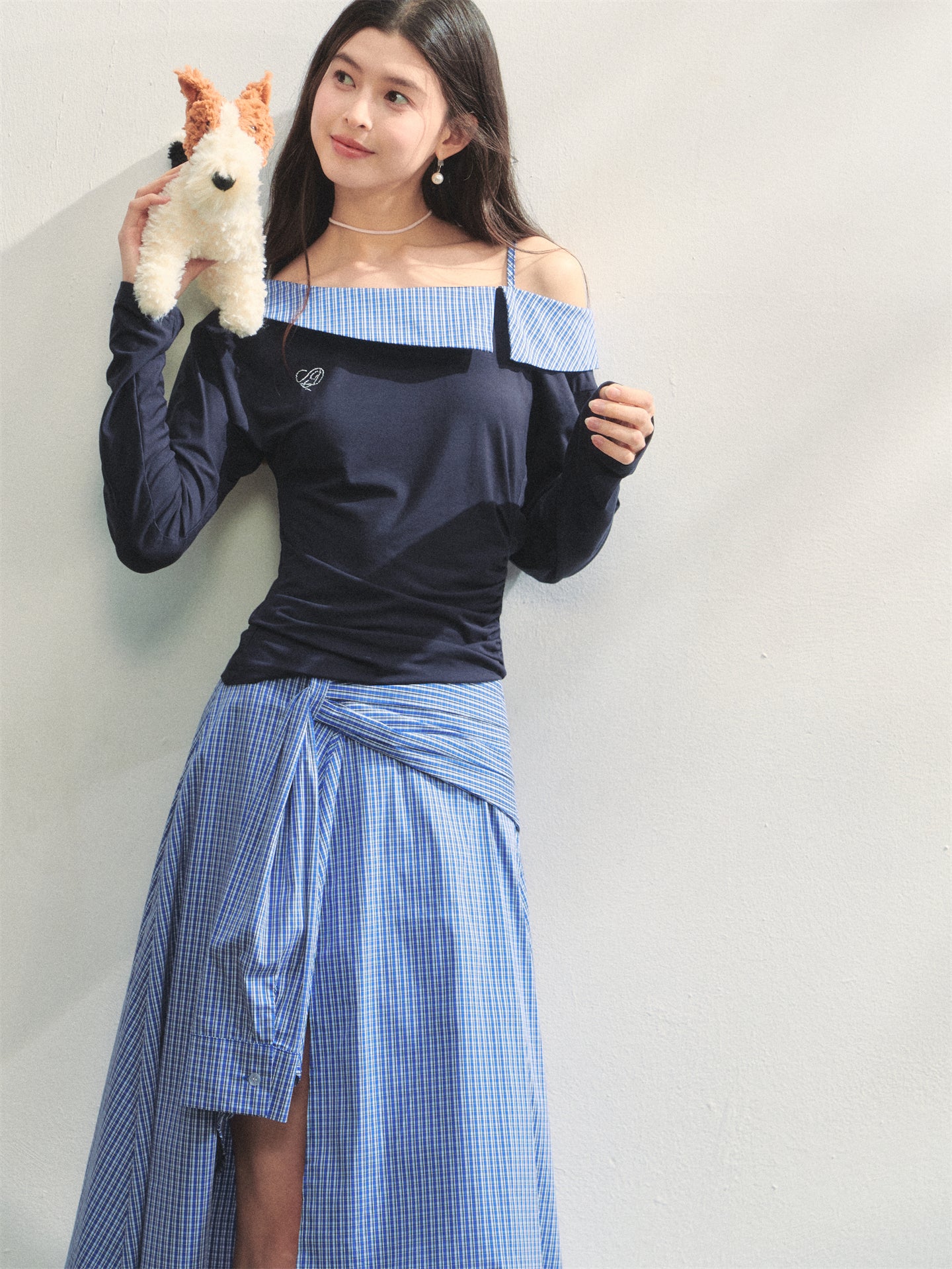 AsGony ASG25265&ASG25266 Plaid patchwork contrasting top + skirt set