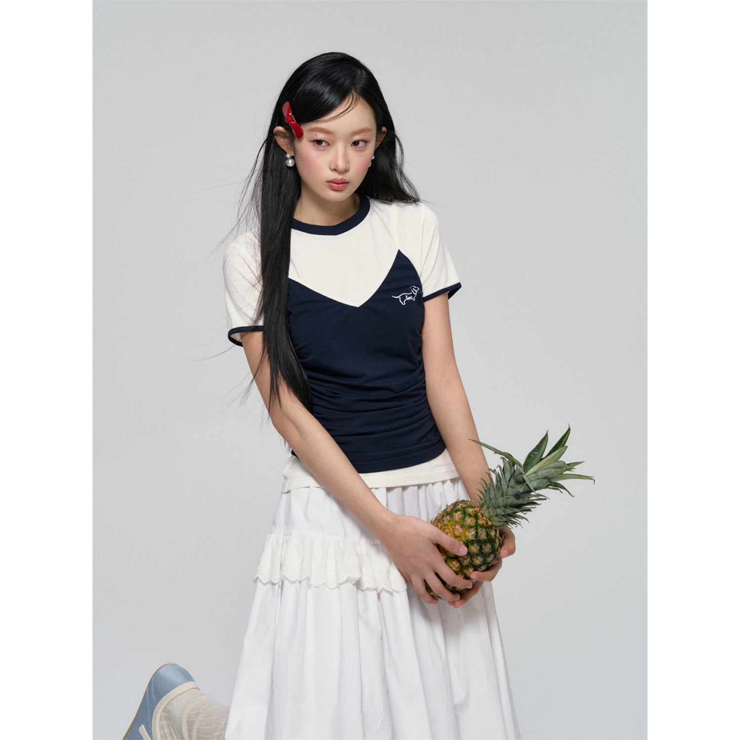 AsGony ASG25063 Color blocking strap style fake two-piece T-shirt