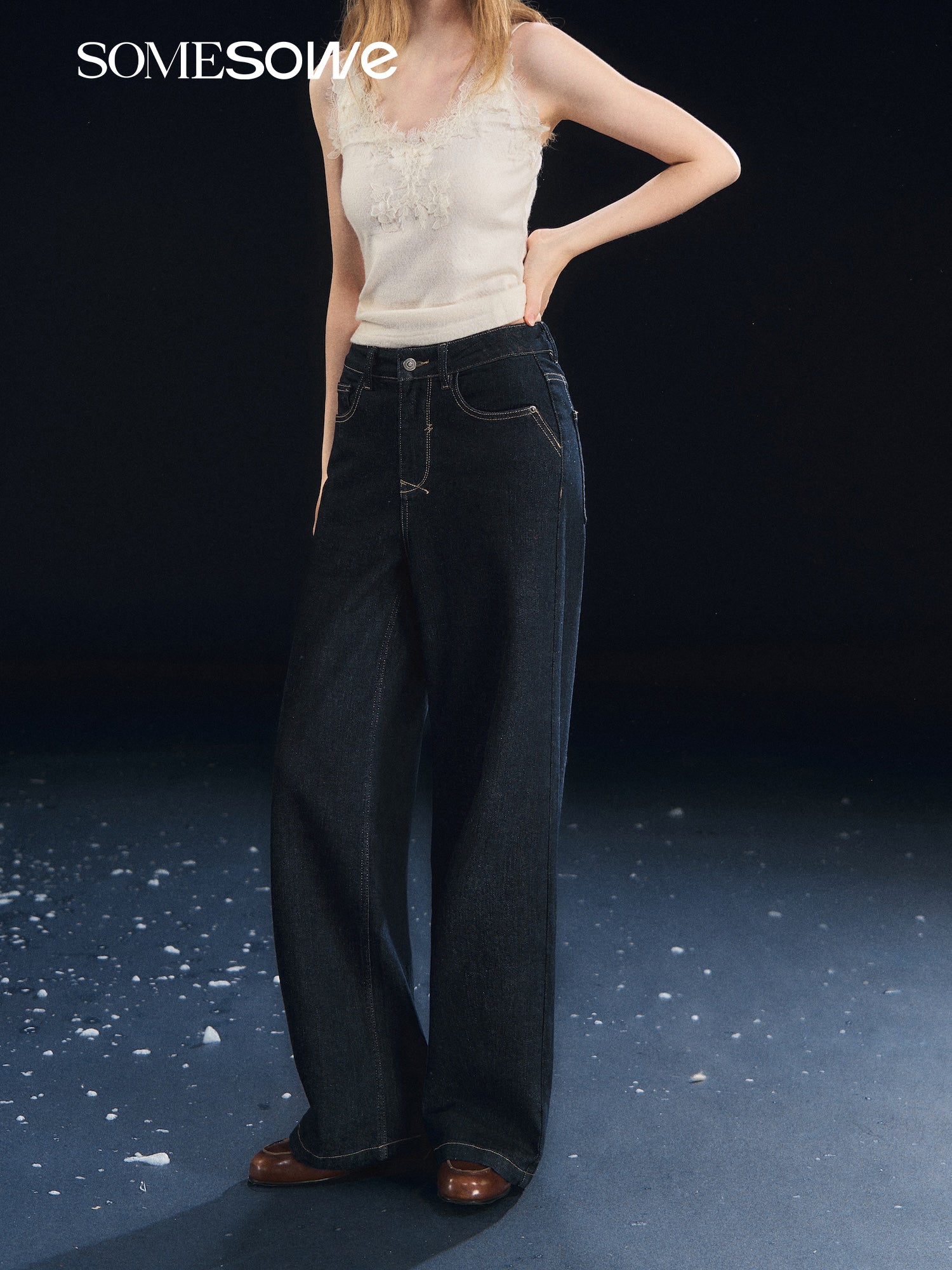 SOMESOWE S2508315 Elastic straight-leg solid color fleece jeans