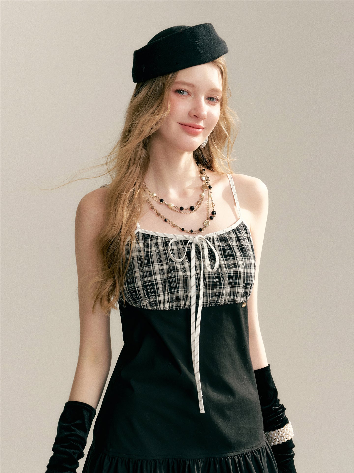 16DEWS 16D246064 Plaid patchwork camisole dress