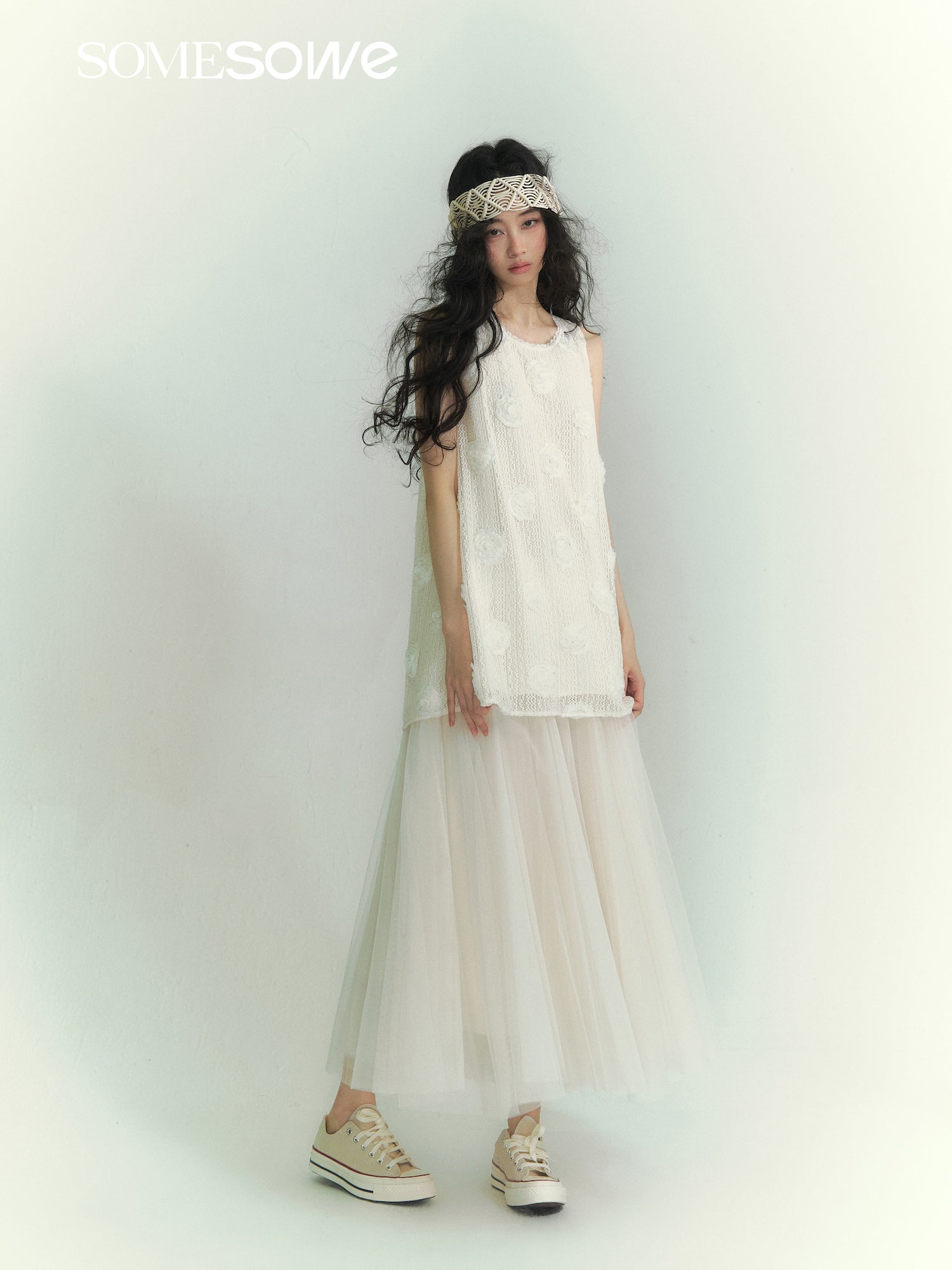 SOMESOWE S2609047 3D floral lace up vest dress