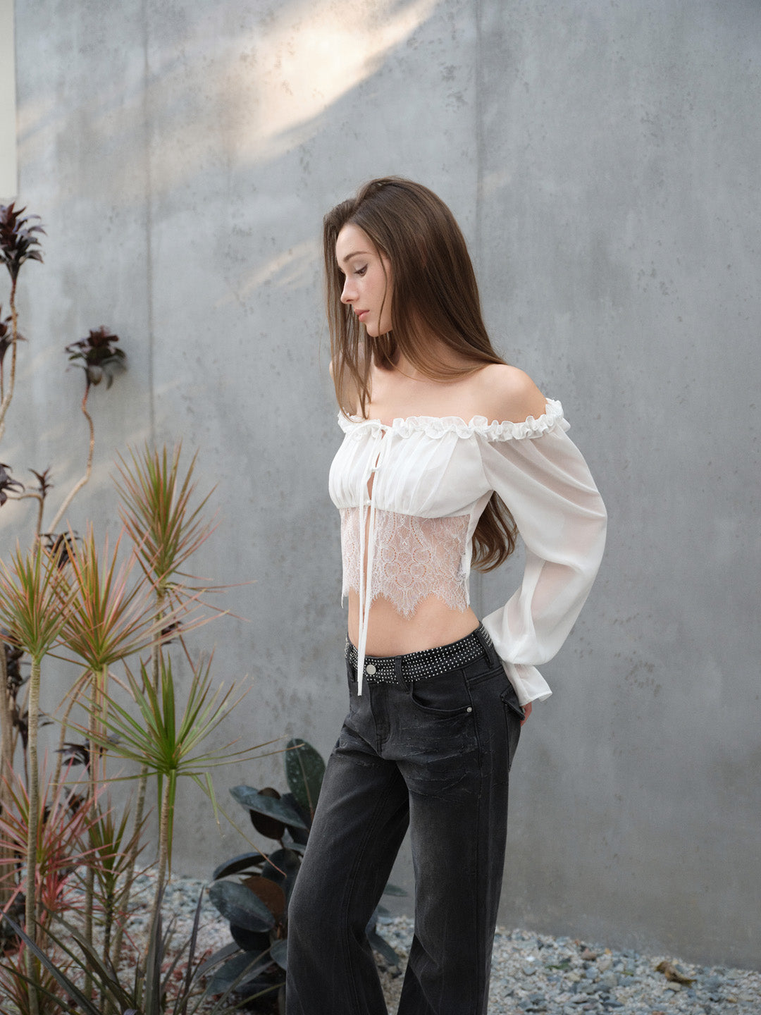 NONCESTNON N318 White chiffon lace long shirt