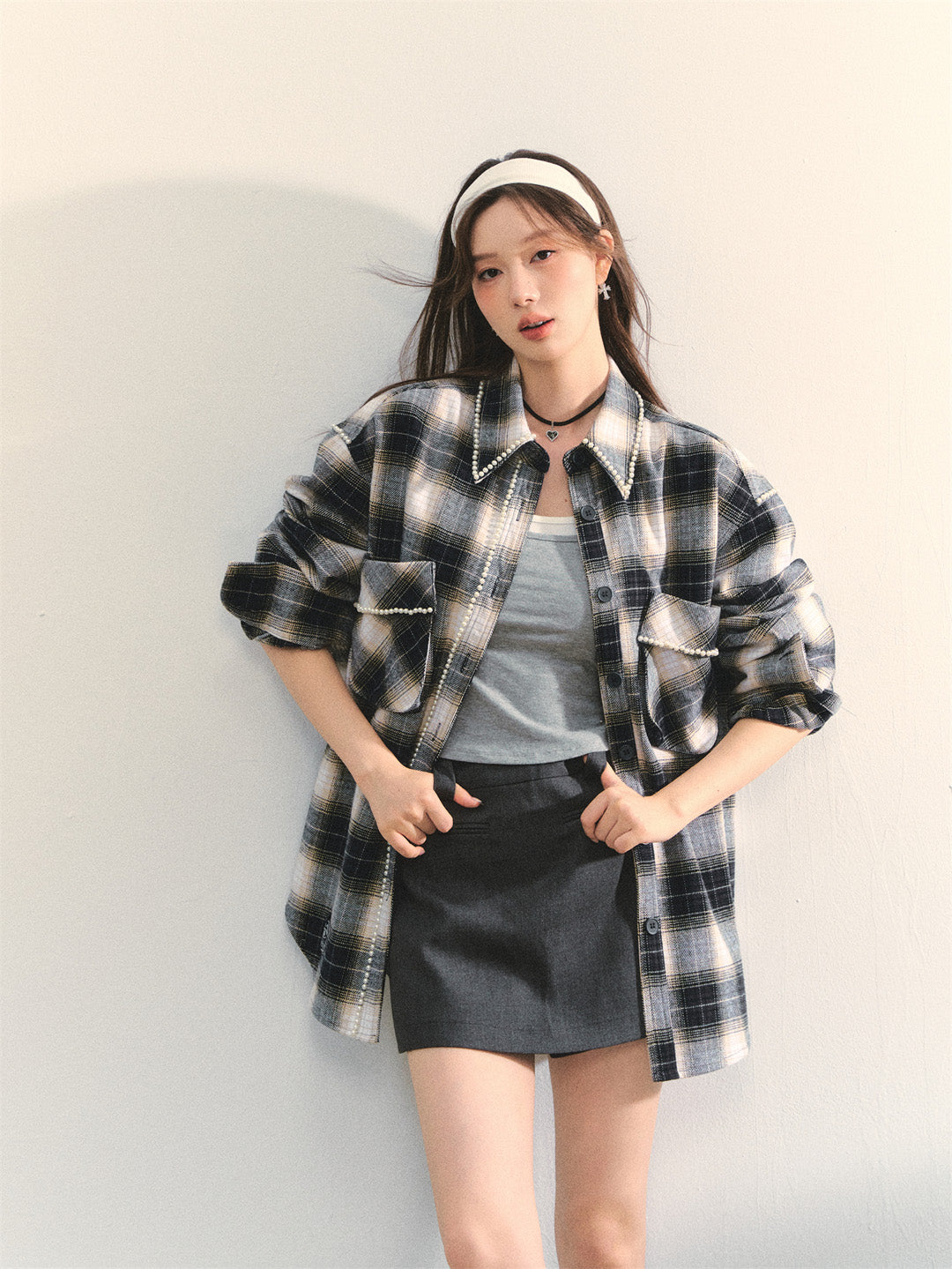 AsGony ASG25330 Navy blue checkered handmade pearl shirt