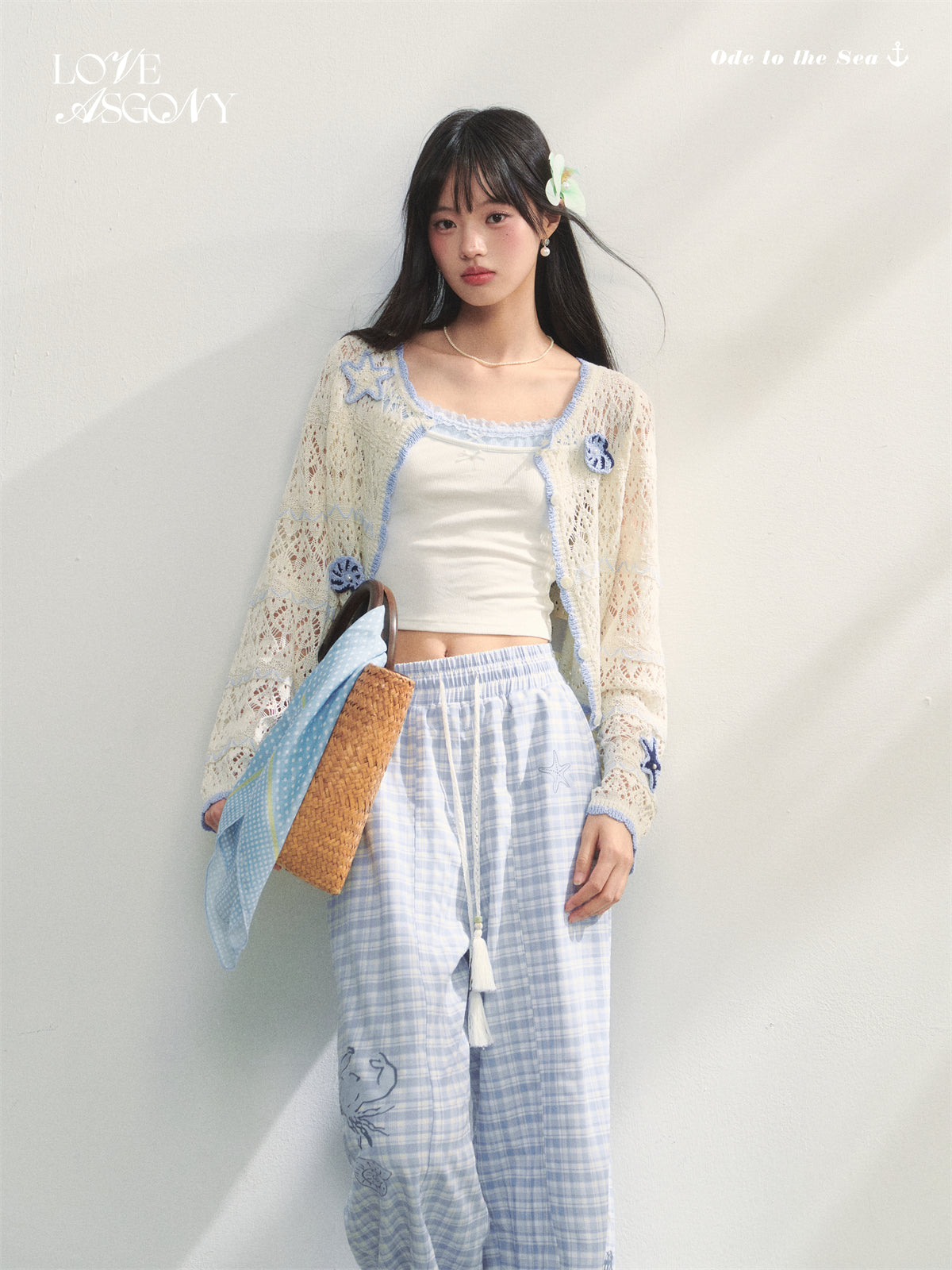 AsGony ASG25233 Ocean style hollow knitted pearl cardigan