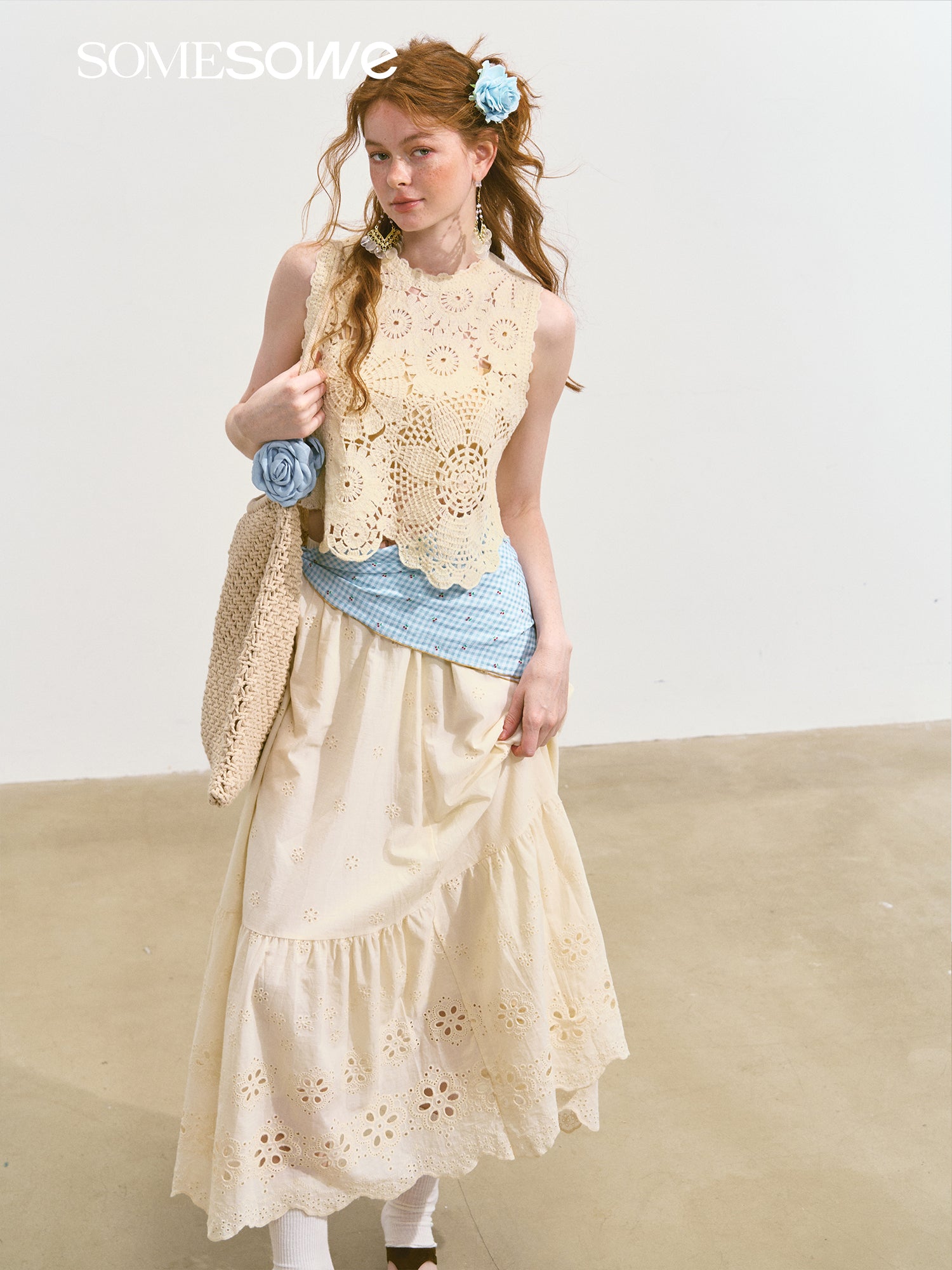 SOMESOWE S2508107&S2508118 Embroidered hollow flower vest + skirt set