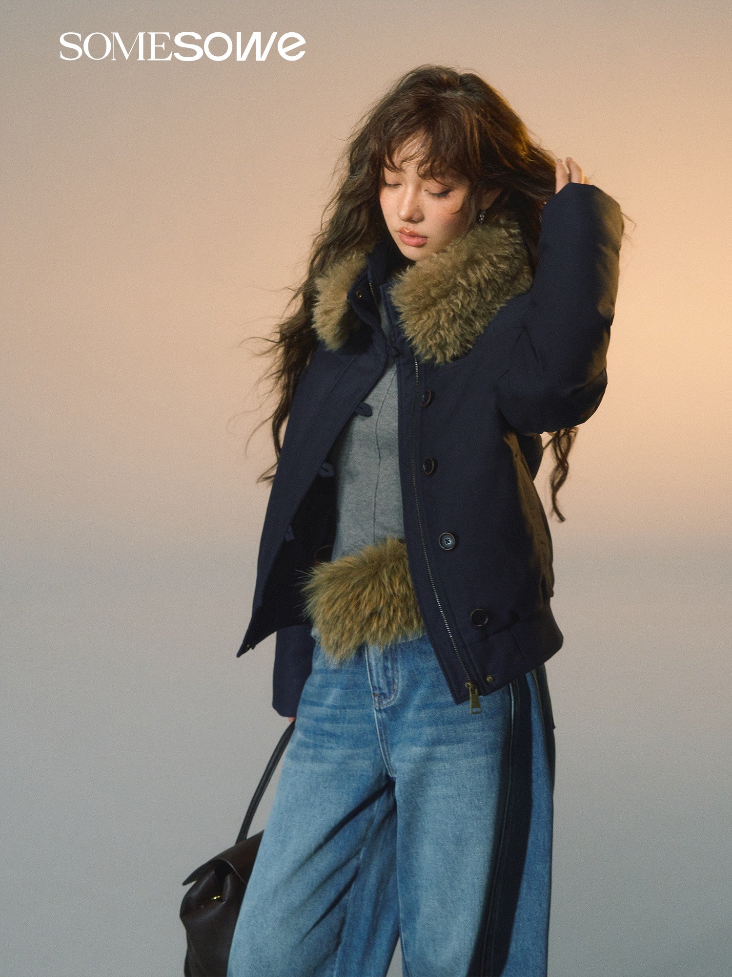 SOMESOWE S2508265 Detachable fur collar slim down jacket