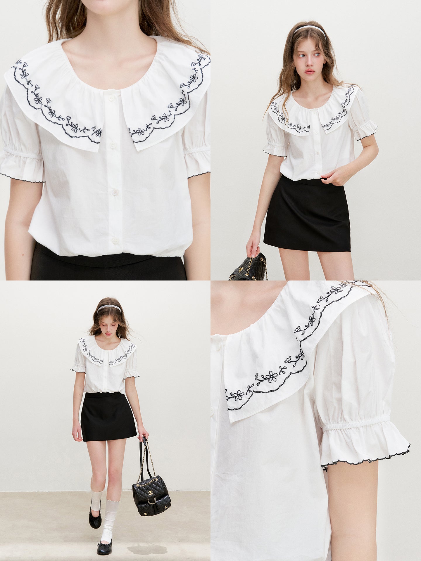16DEWS 16D26362 Contrast Embroidered Puff-Sleeve Blouse