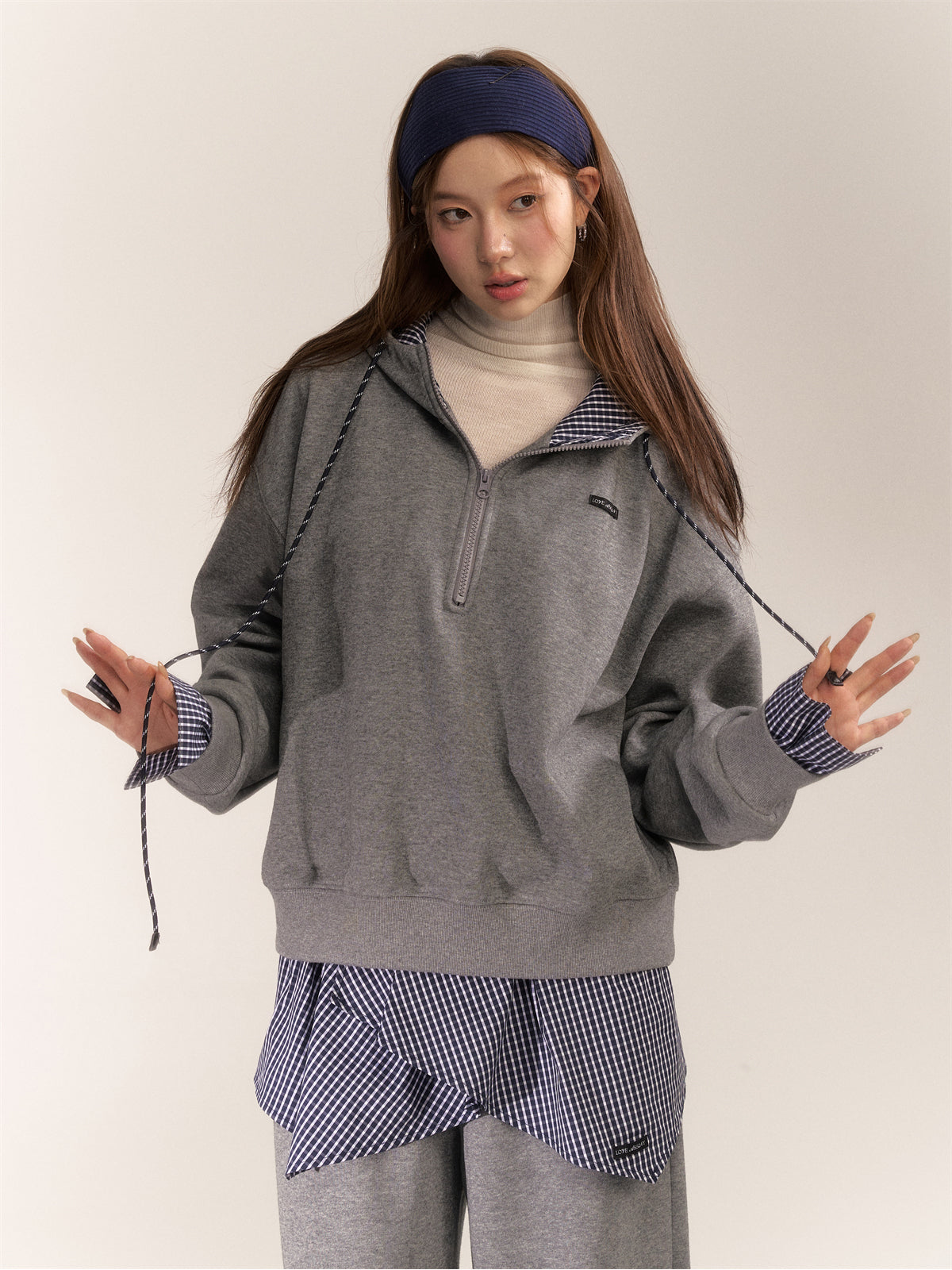 AsGony ASG24641 & ASG2642 Splicing plaid hoodie + loose pants set