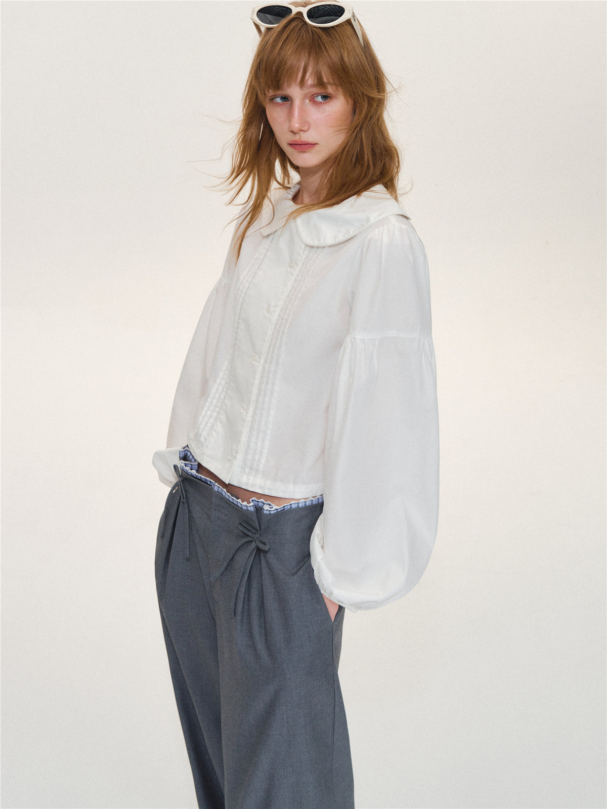 Asgony ASG26565 Tuck-Pleat Lace Trim Collar Blouse