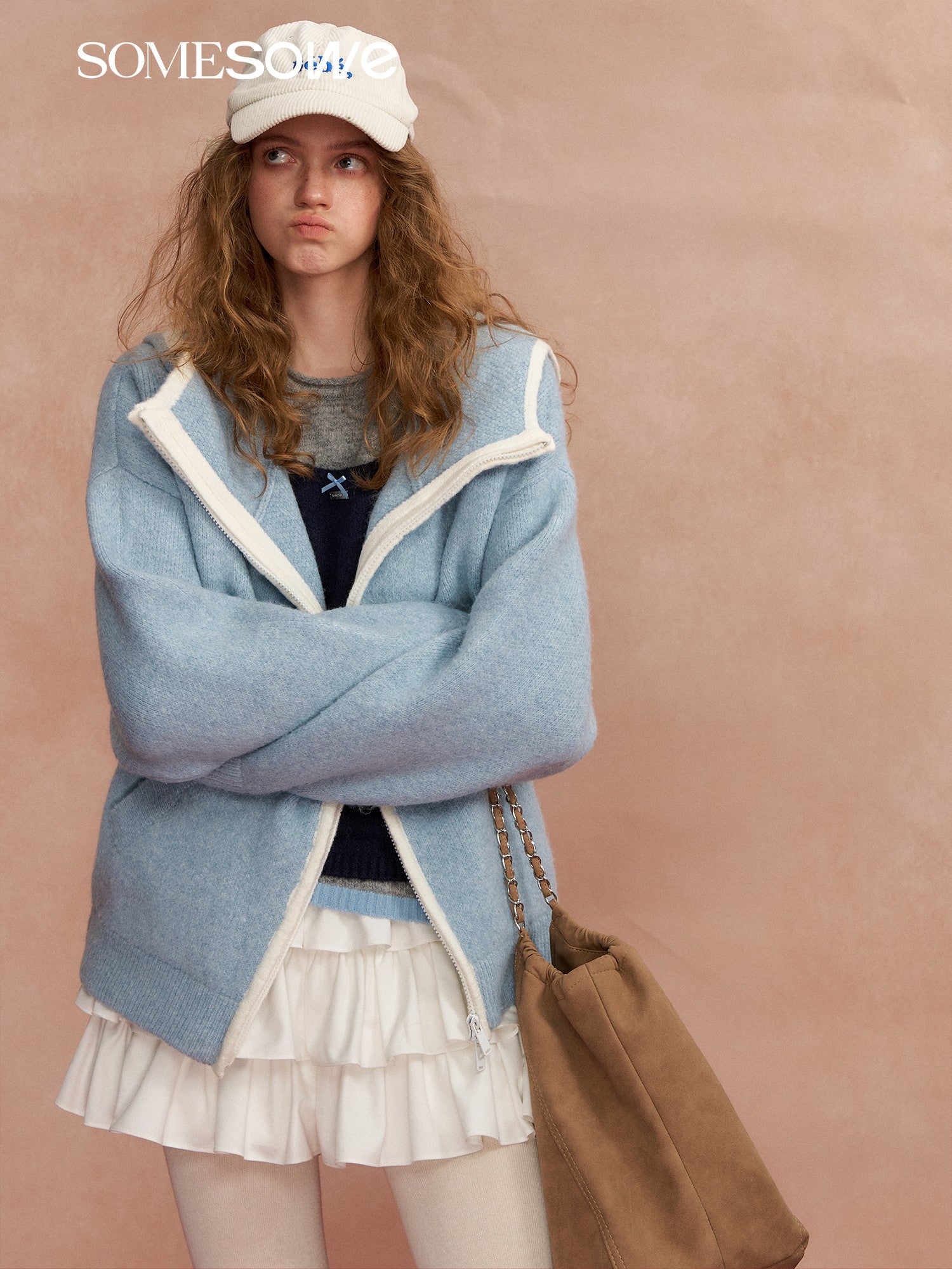 SOMESOWE S2508288 Loose contrasting edge hooded cardigan