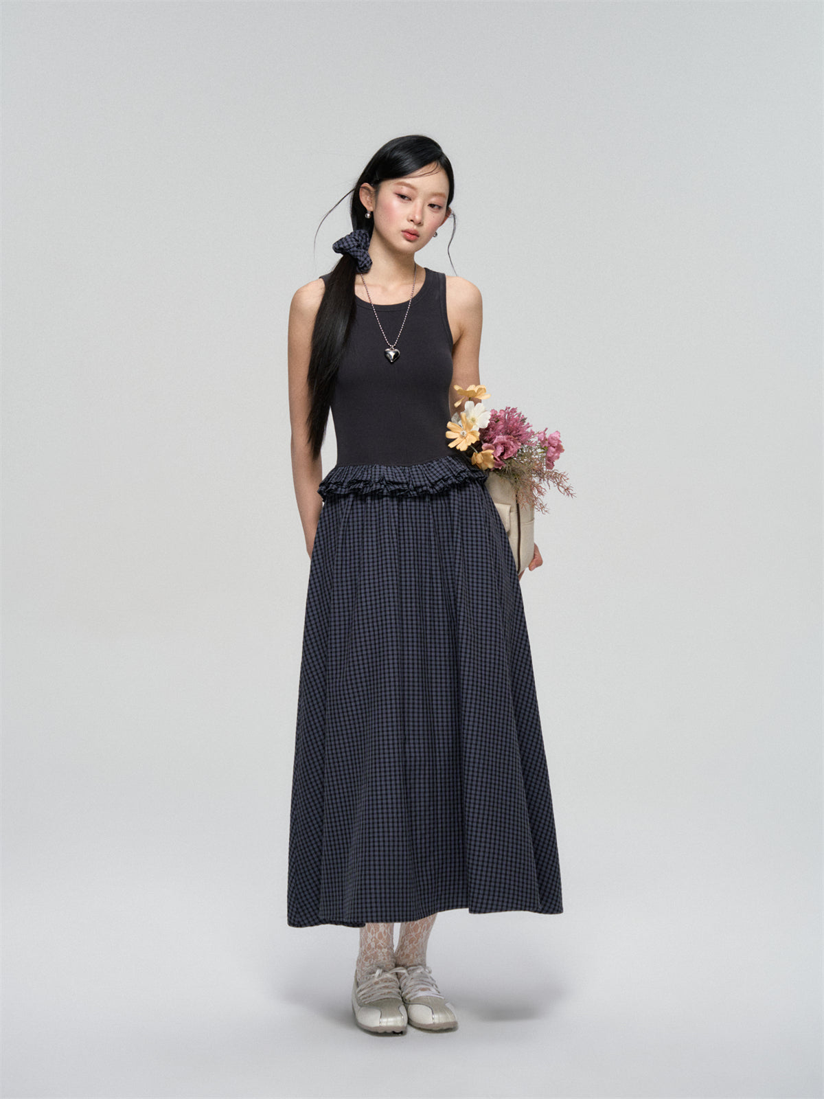 AsGony ASG25093 Color blocking plaid sleeveless dress