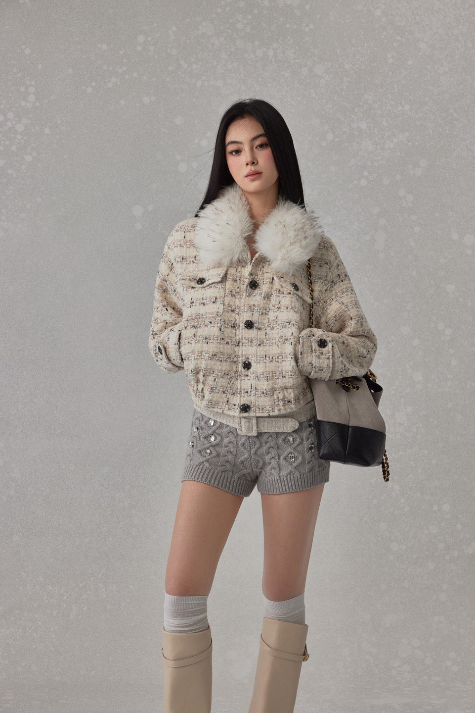 NONCESTNON N239 Chiffon Fur Trimmed Coat