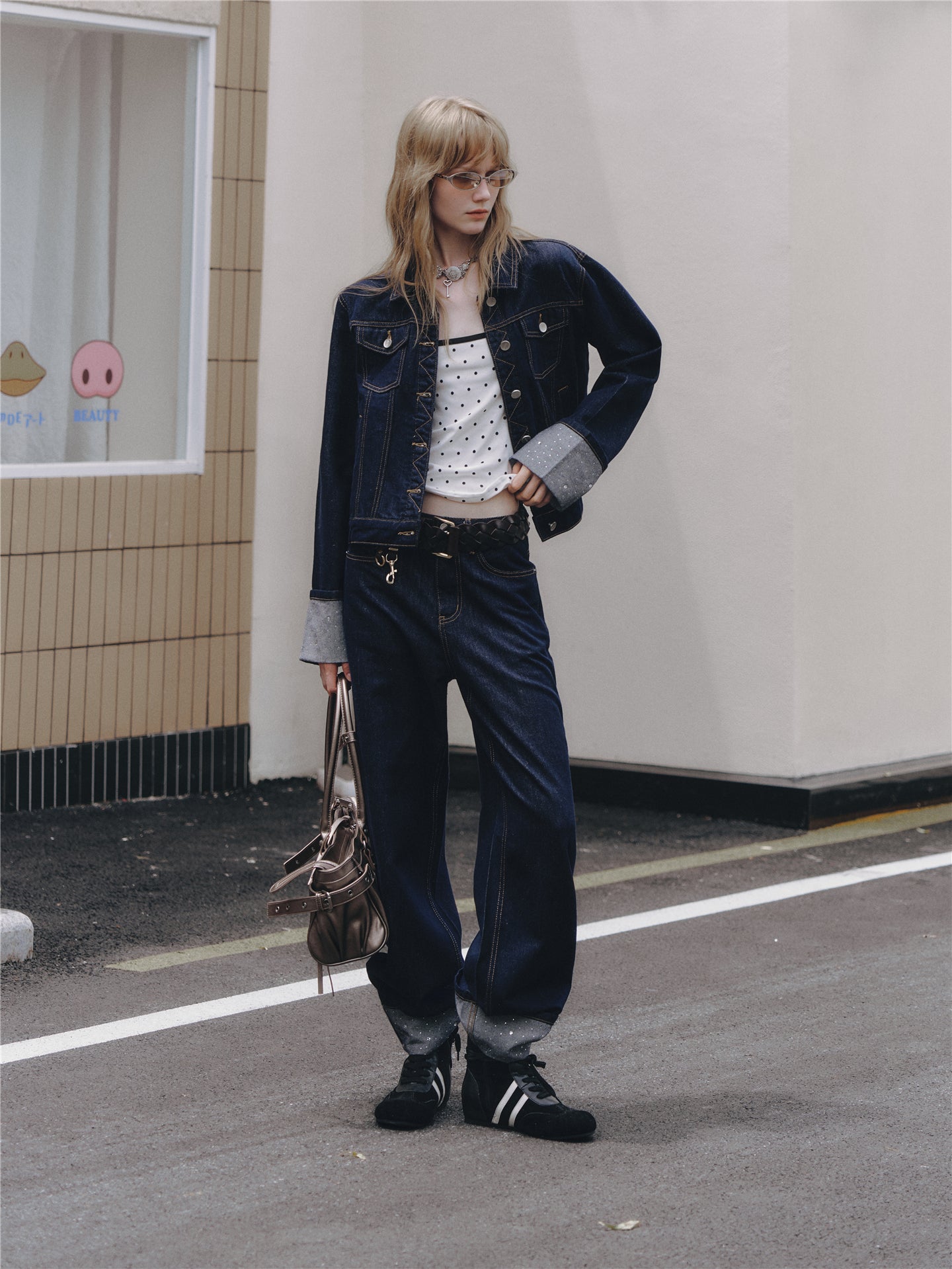 Asgony ASG26506 Raw Denim Jacket+ASG26507 Denim Straight Pants