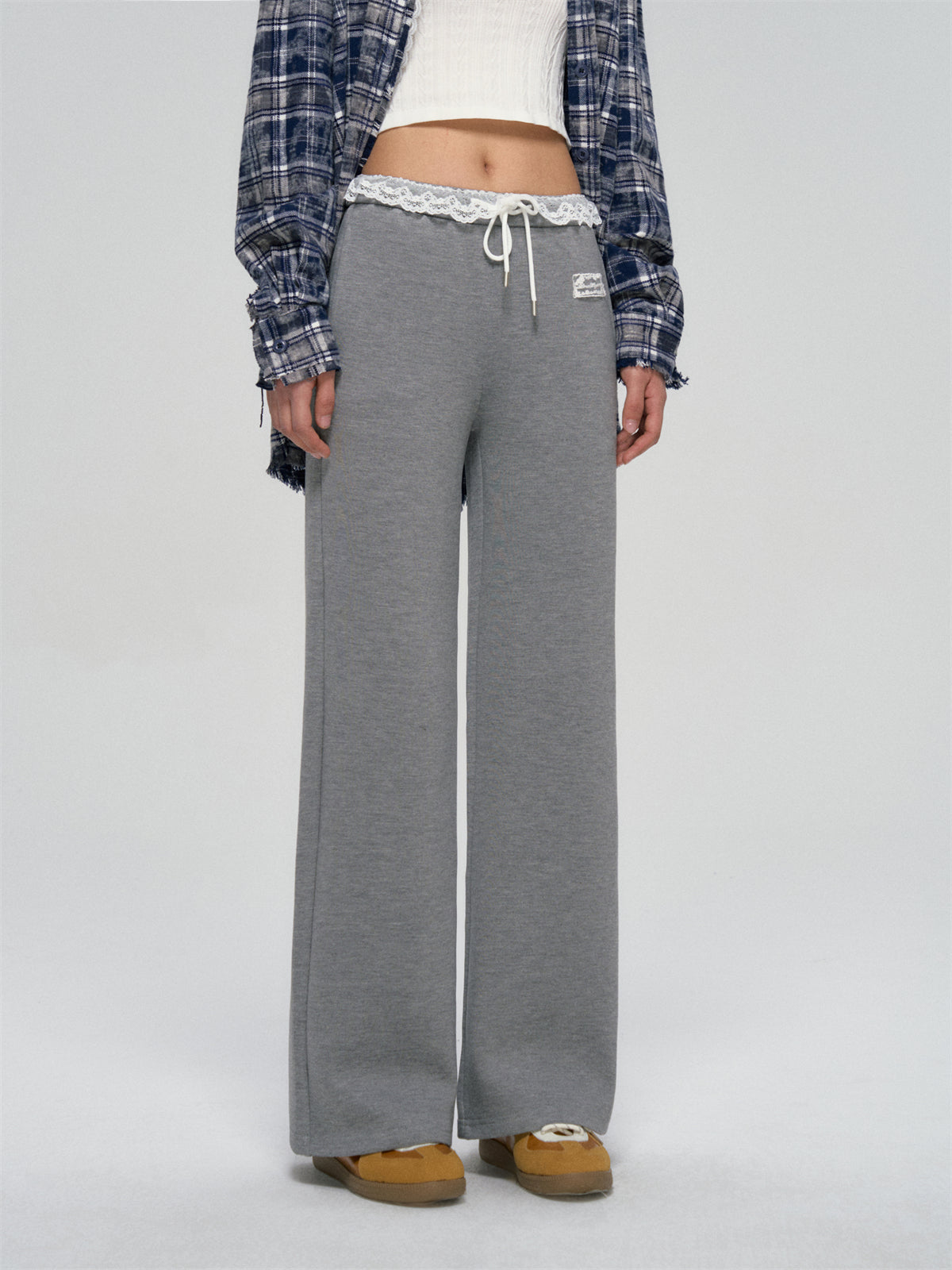 AsGony ASG25081 Lace waist patchwork lace sweatpants (2color)