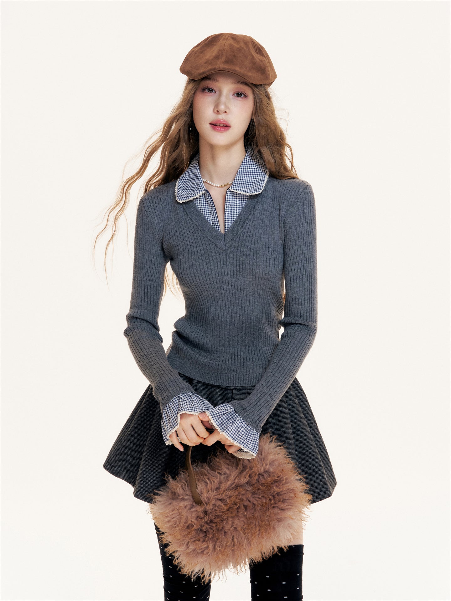 16DEWS 16D25405 Plaid contrasting splicing fake two-piece knitted top