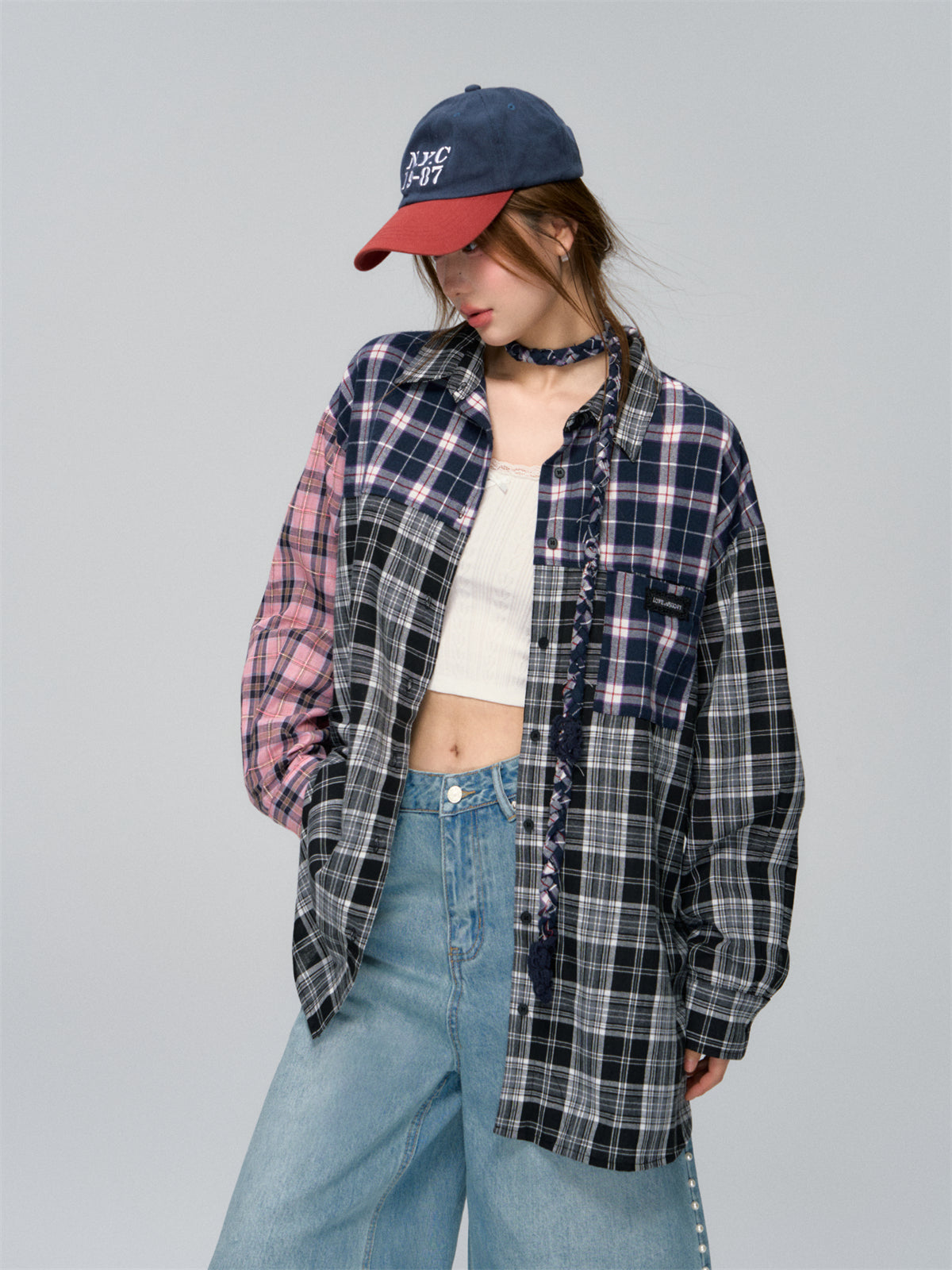 AsGony ASG25034 Checkered multi-color patchwork loose shirt