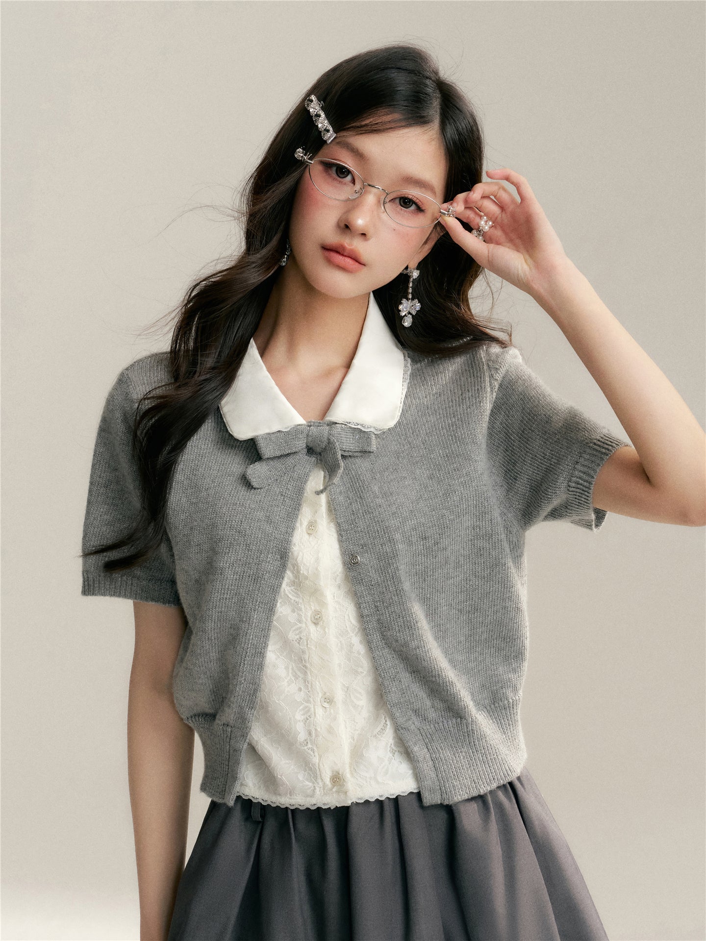 16DEWS 16D26065 Color blocking doll collar fake two-piece knitted short sleeved shirt