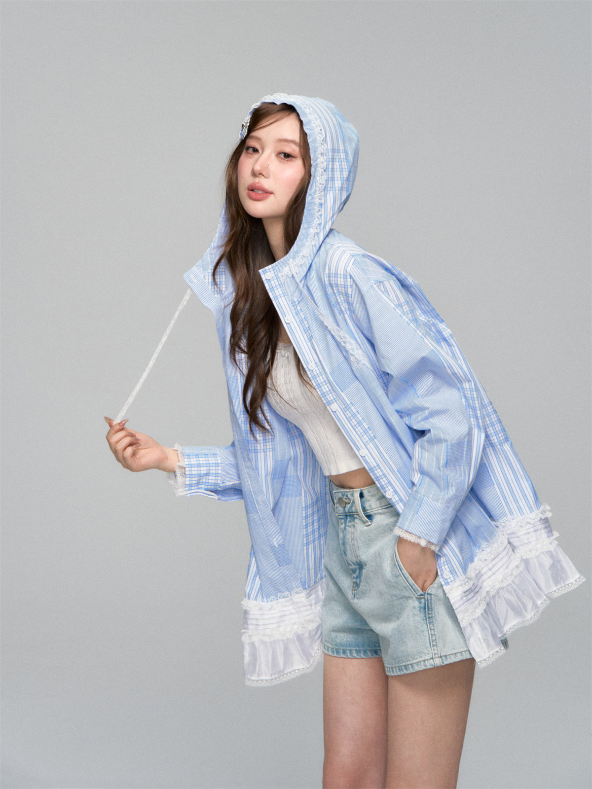 AsGony ASG25122 Plaid patchwork lace hooded shirt