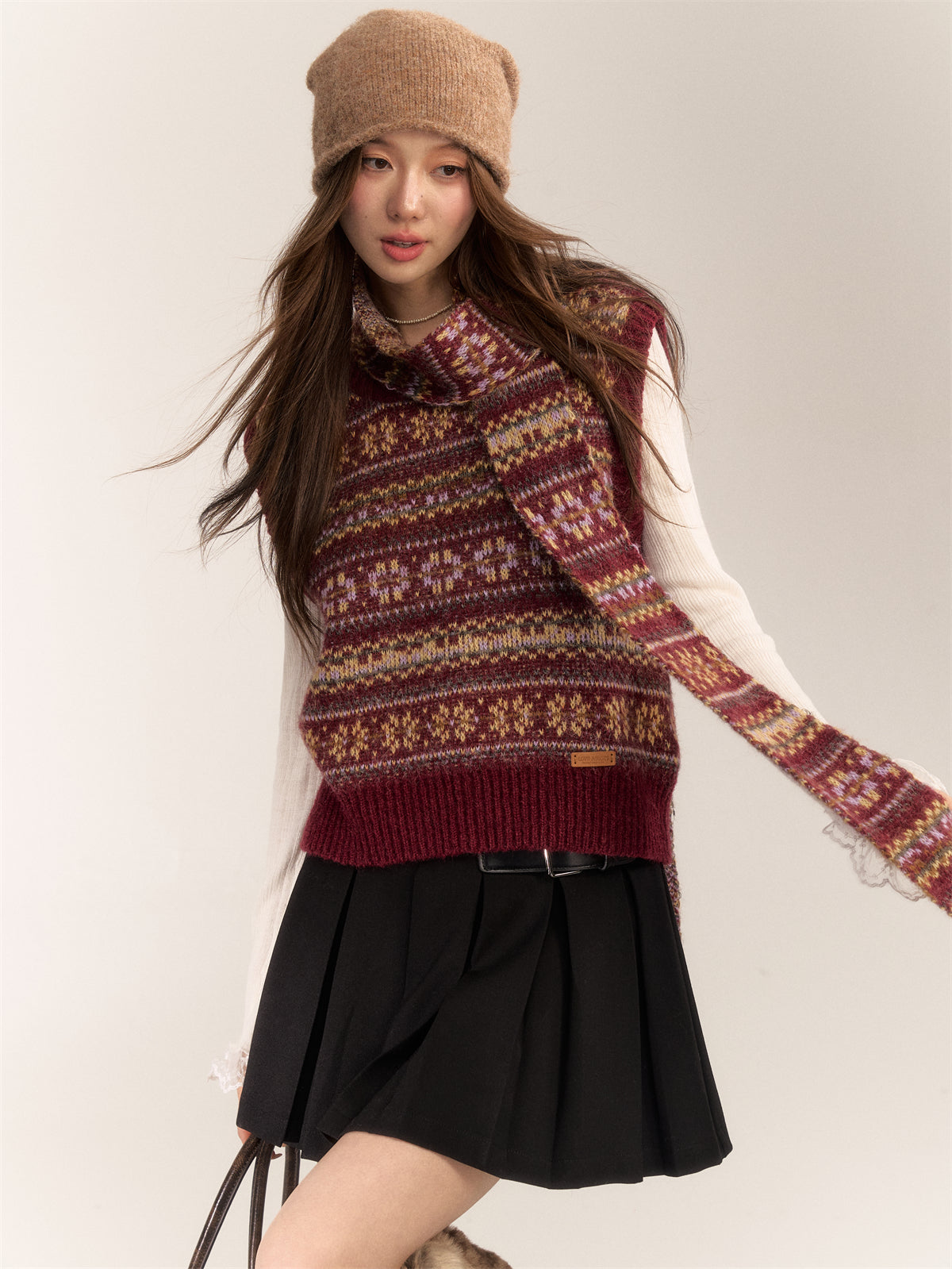 AsGony ASG24618 Fair Isle wool-blend vest and scarf set