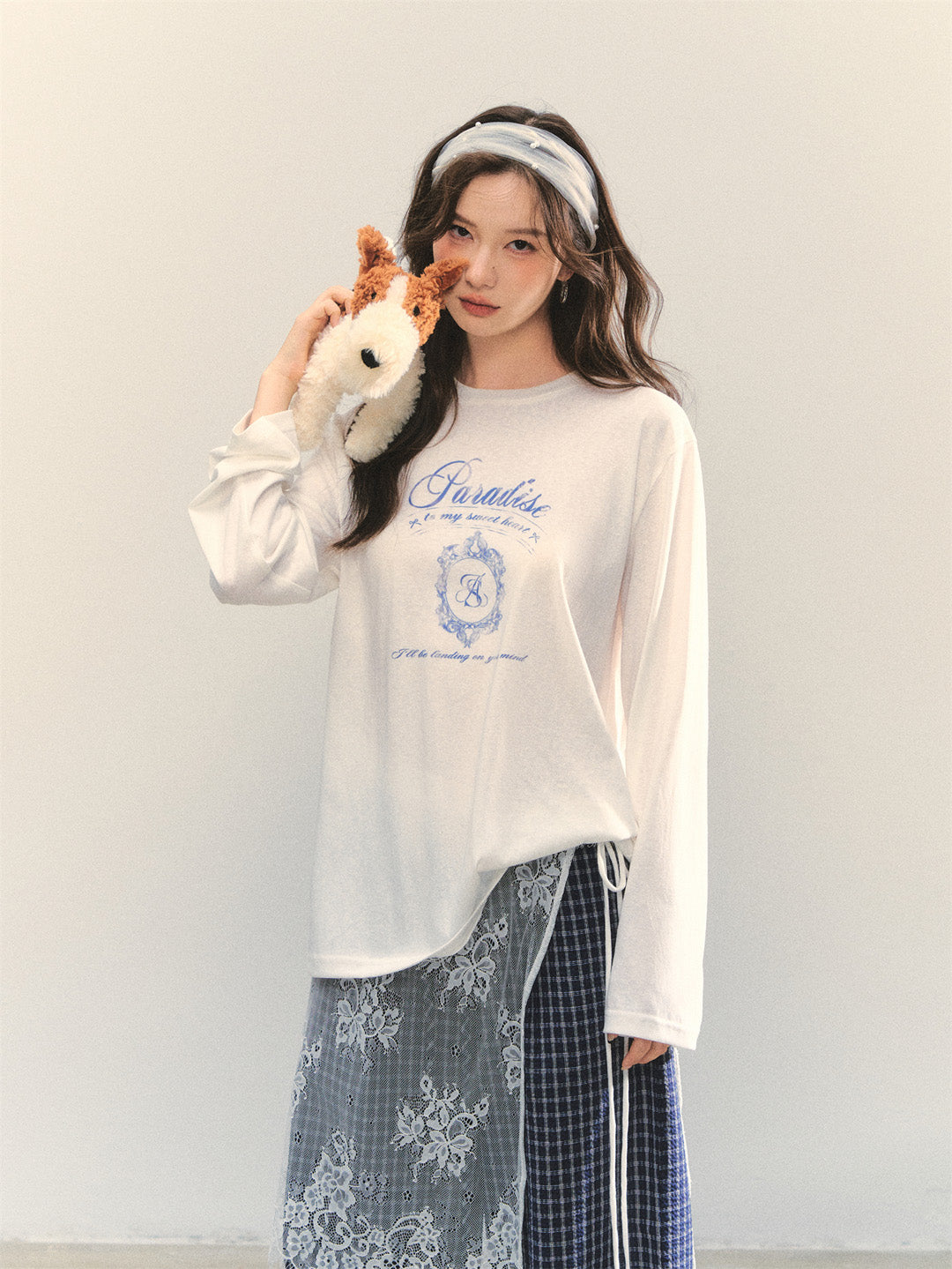 AsGony ASG25346&ASG25365 College printed loose long sleeved T-shirt + pants set