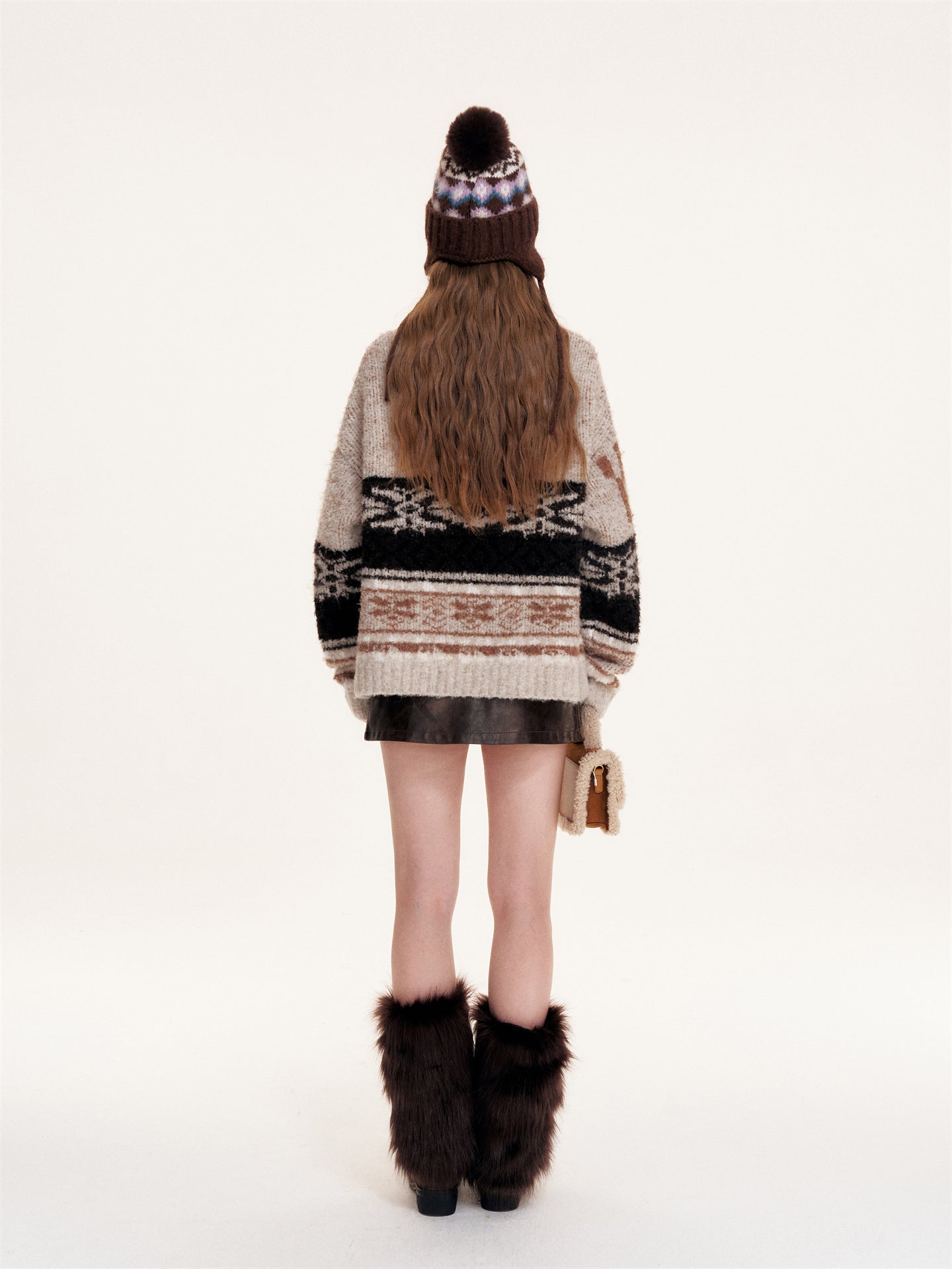 16DEWS 16D25386 Fair Isle Lapel Loosely Knitted Sweater