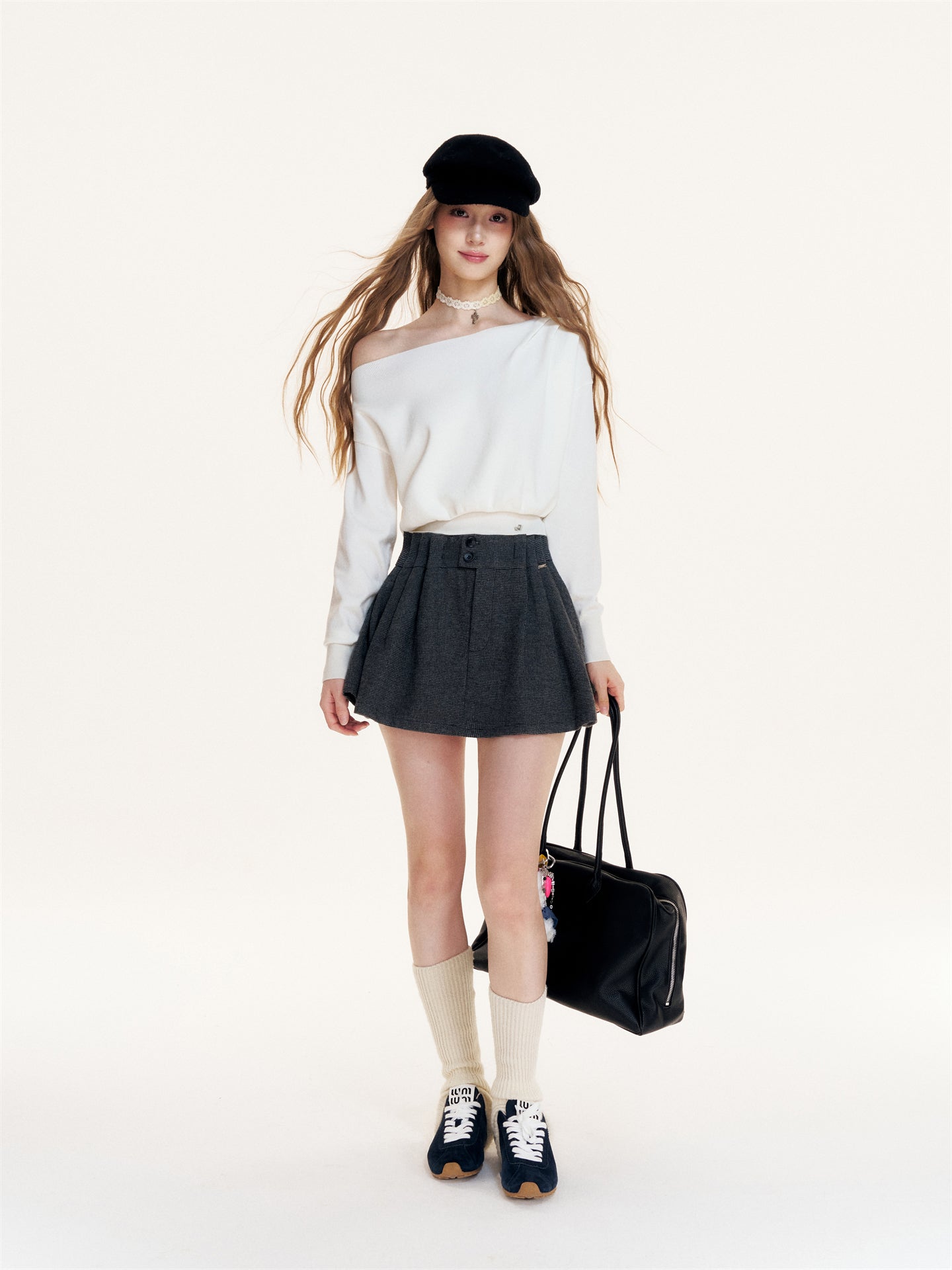 16DEWS 16D25417 Vintage plaid high waisted pleated A-line woolen skirt