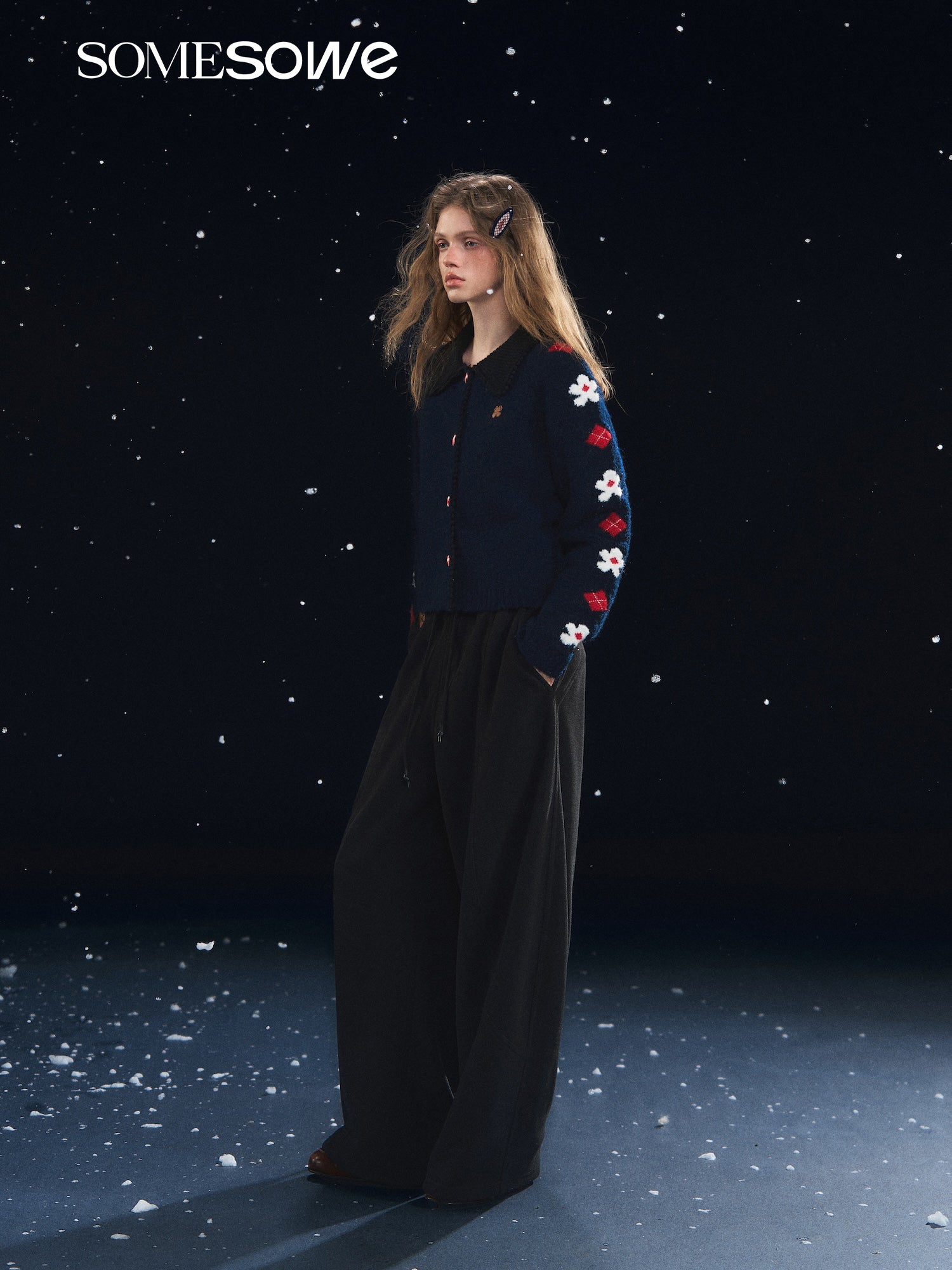 SOMESOWE S2508314 Retro Flower Jacquard Notched Collar Cardigan