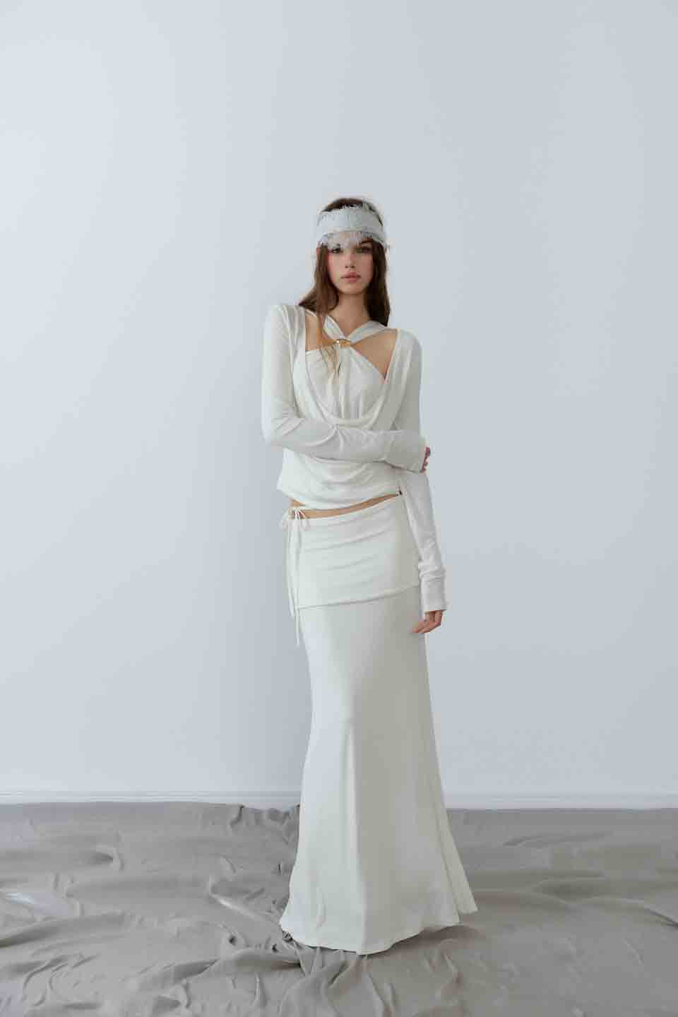 NONCESTNON N233 White fake two-piece knot long sleeved top