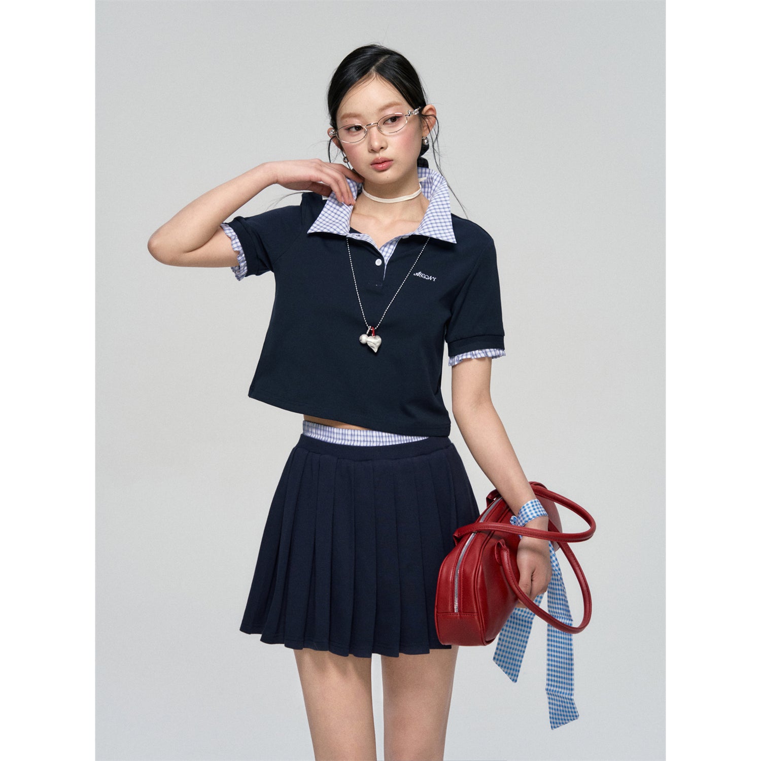 AsGony ASG25090 Embroidered plaid patchwork polo shirt