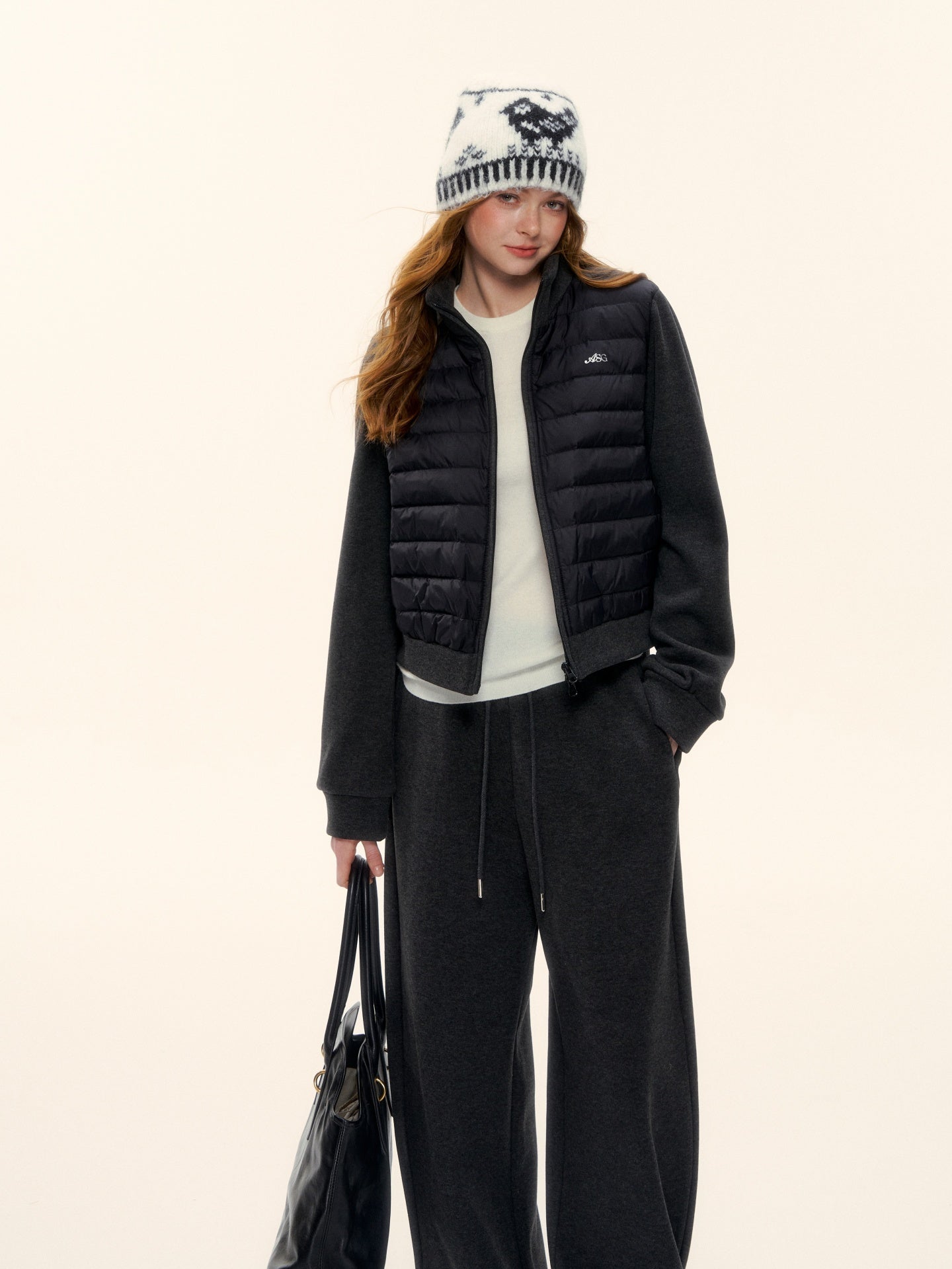 AsGony ASG25611&ASG25584 Splicing stand up collar pork rib down jacket + pants
