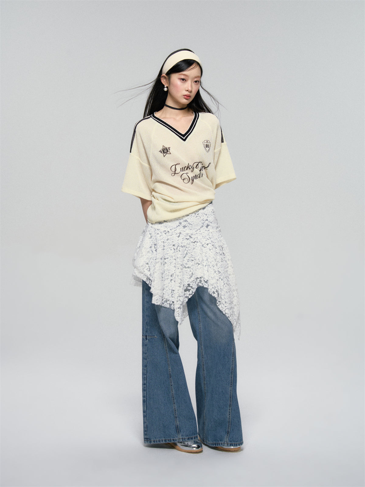 AsGony ASG25094 White irregular lace skirt