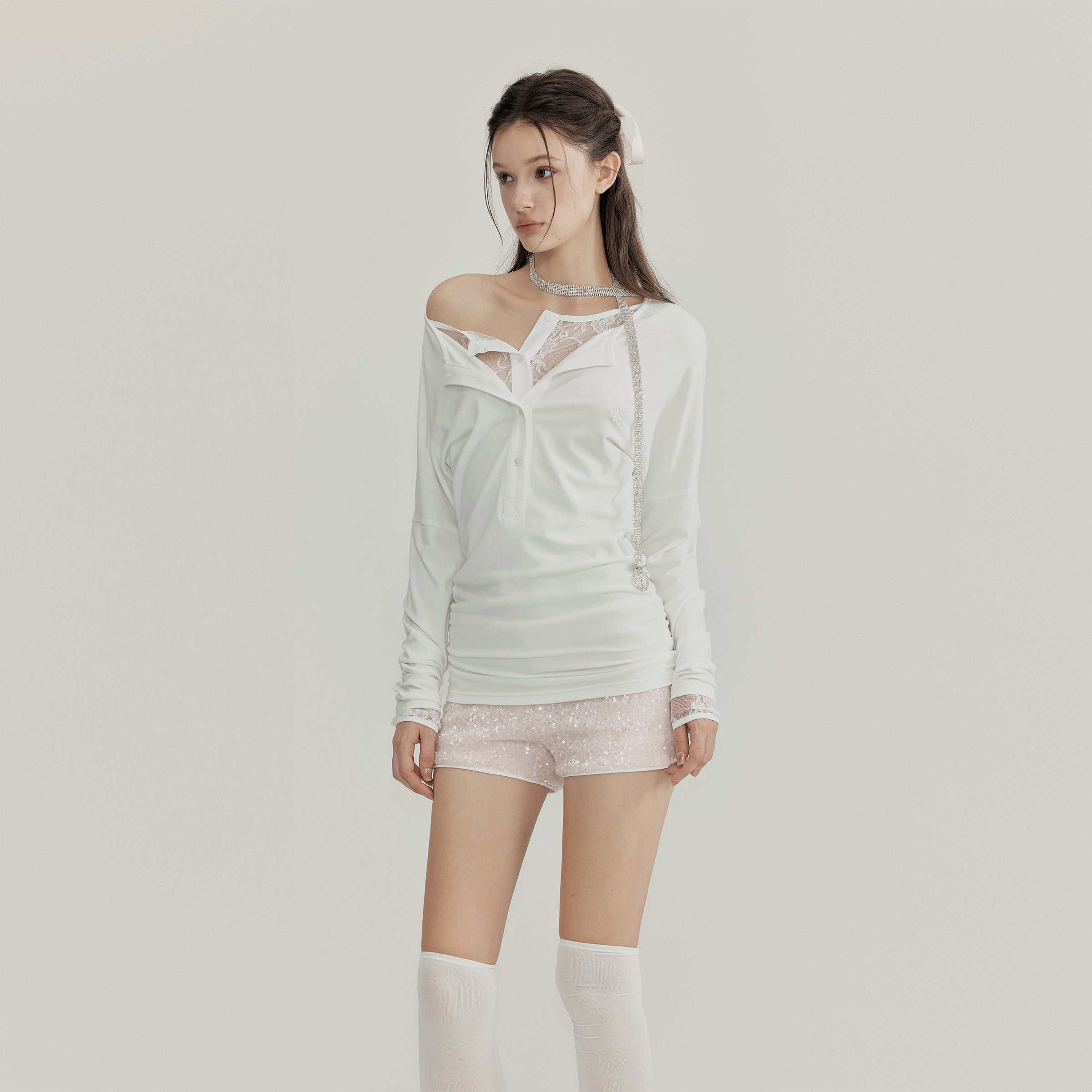 NOMEANSNO N109 Lace fake two piece long sleeved shirt