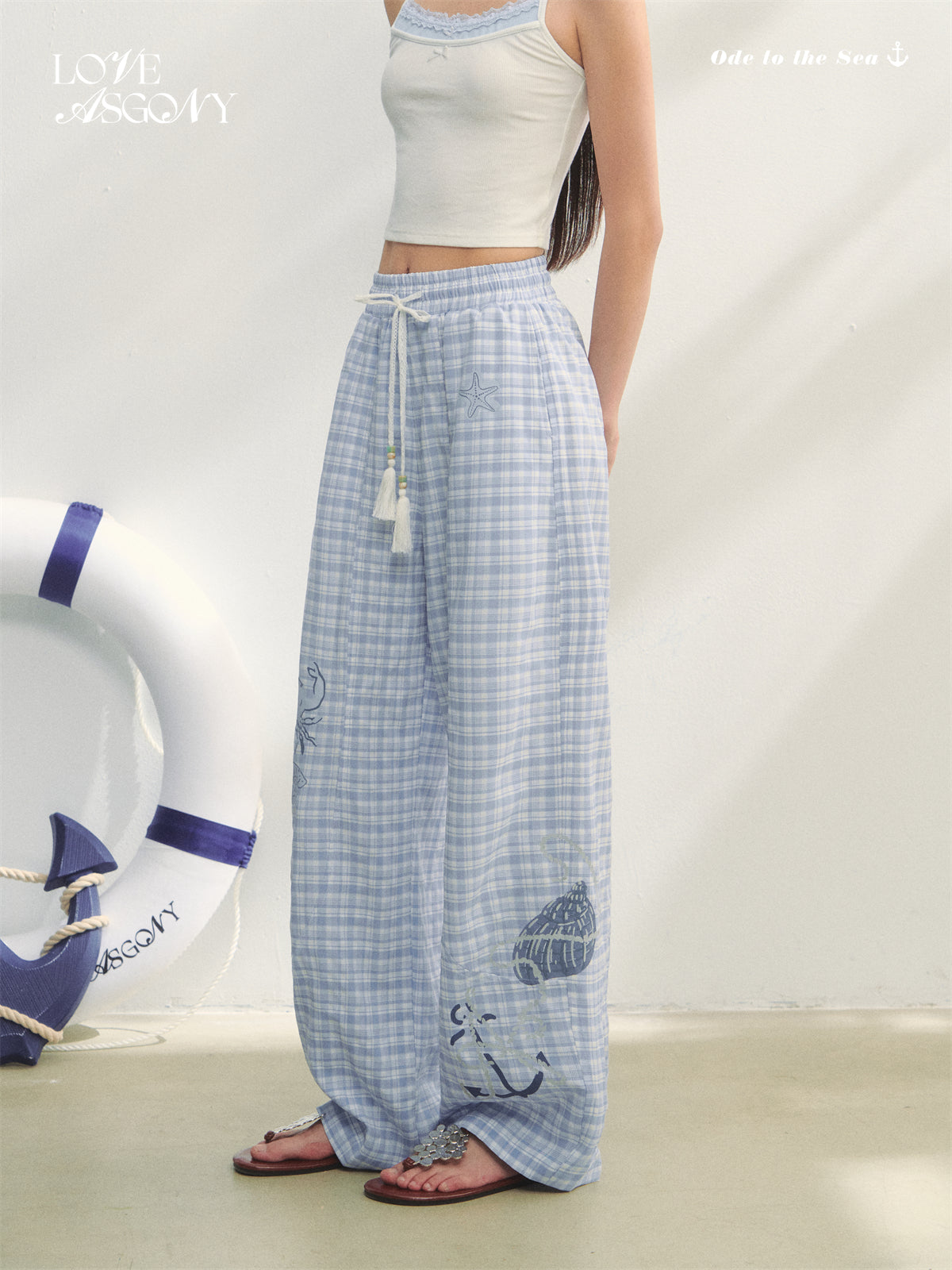 AsGony ASG25232 Ocean style printed lace up pants