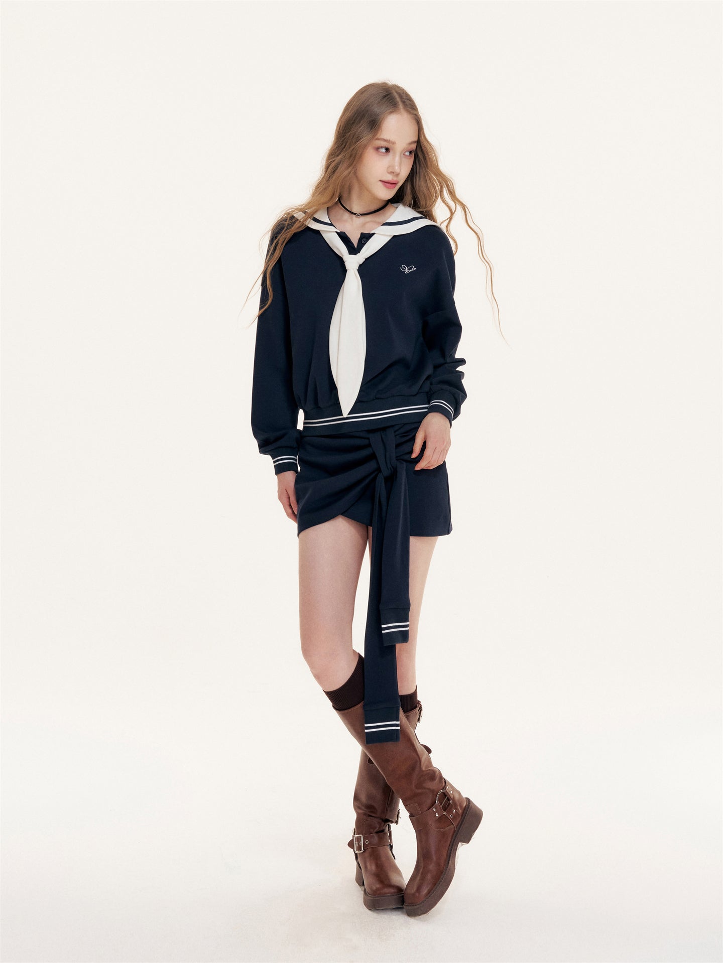 16DEWS 16D25415&16D25416 British Navy collar contrasting hoodie + skirt set