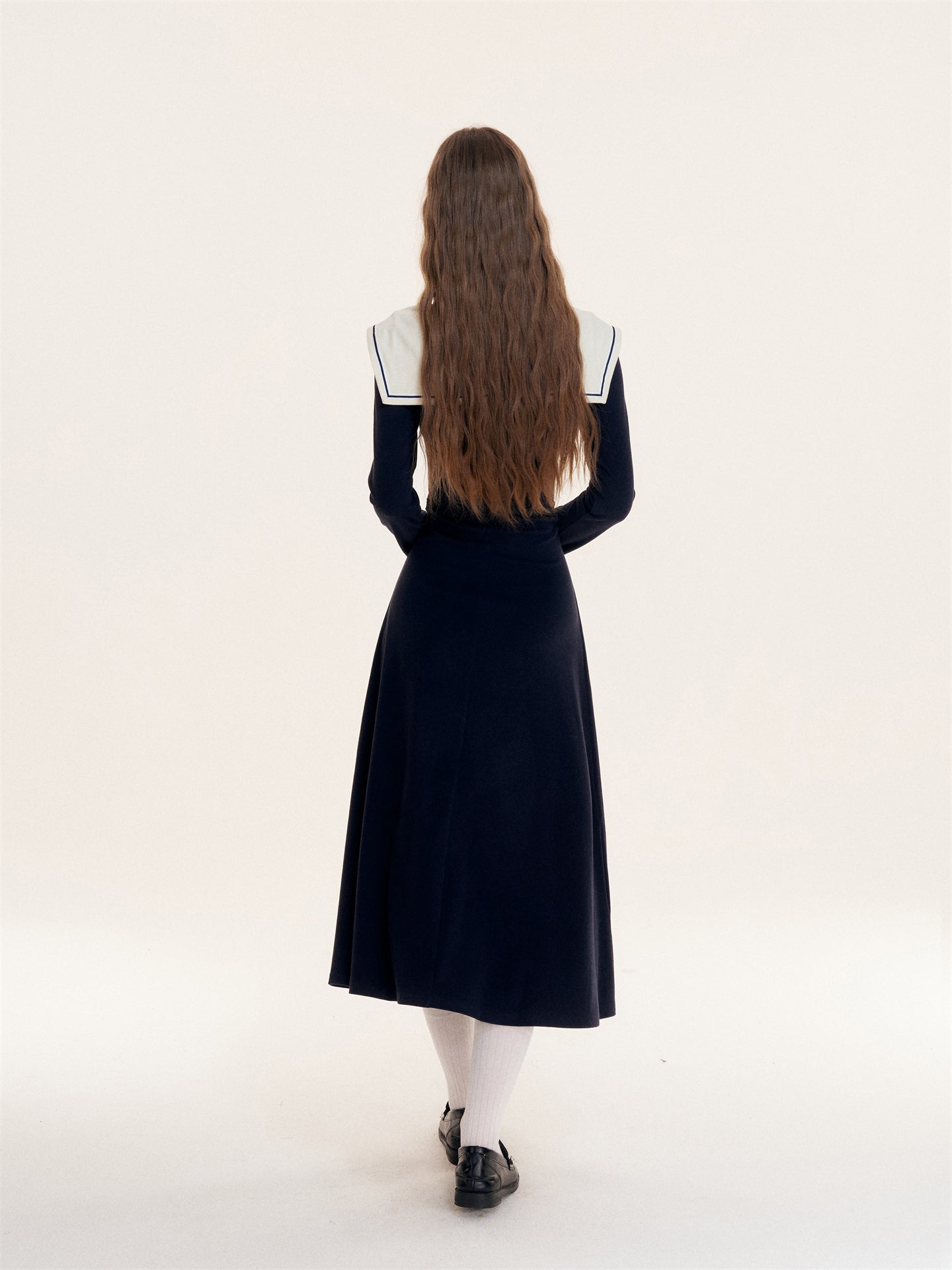 16DEWS 16D25422 Navy collared waist cinched dress