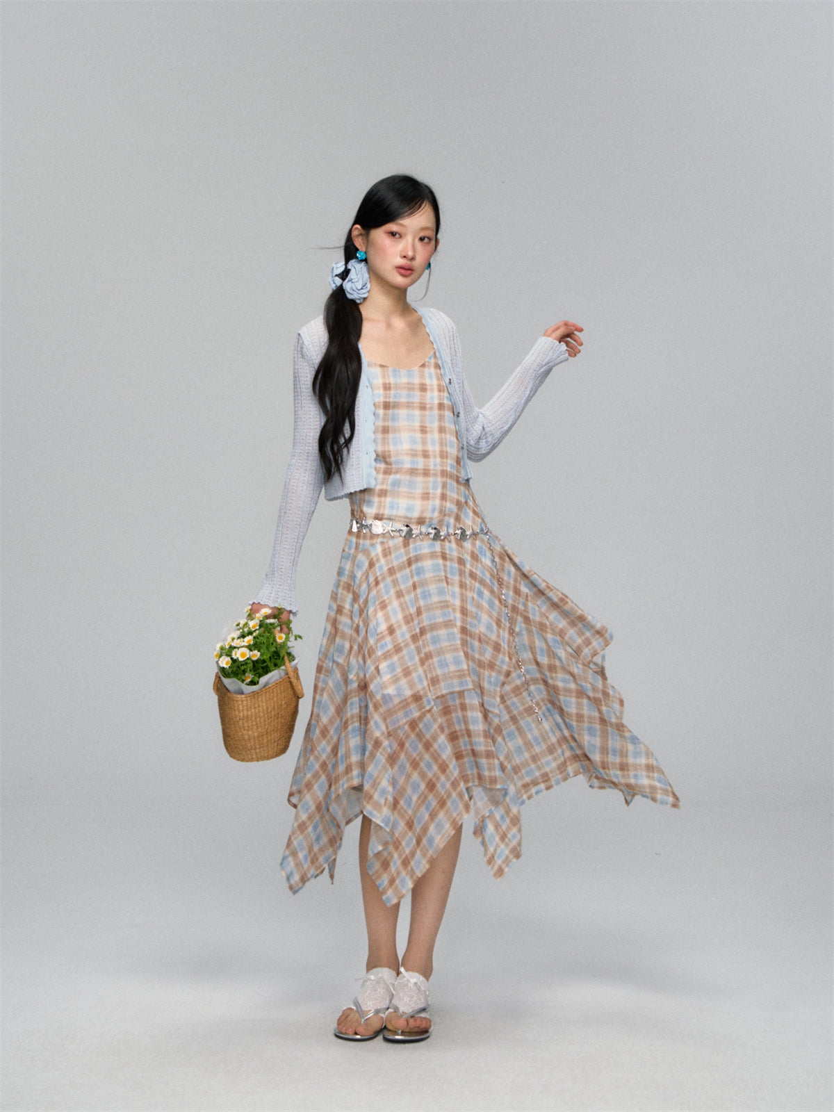 AsGony ASG25159 Irregular plaid camisole ruffle edge dress