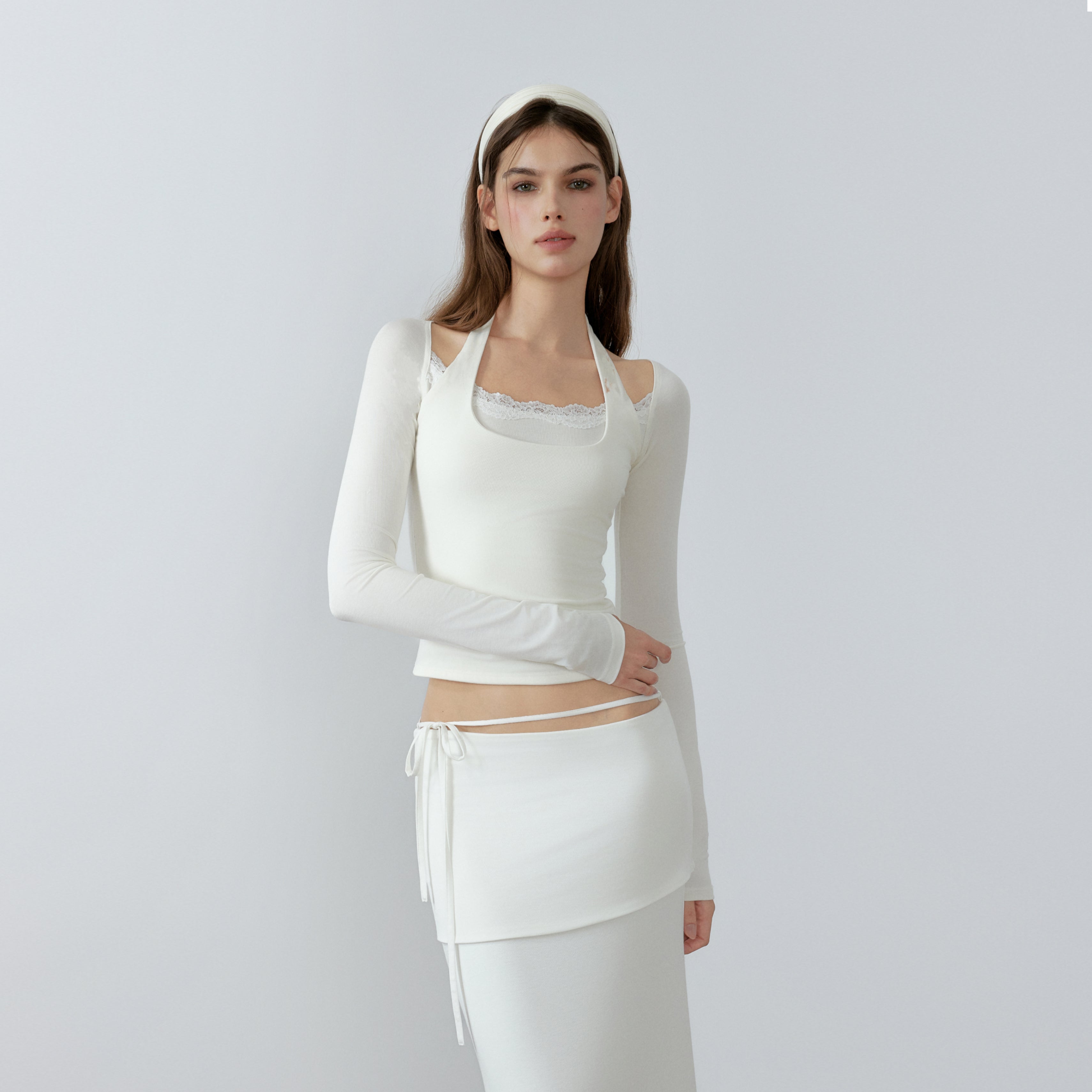 NONCESTNON N228 Fake two piece white long sleeve top