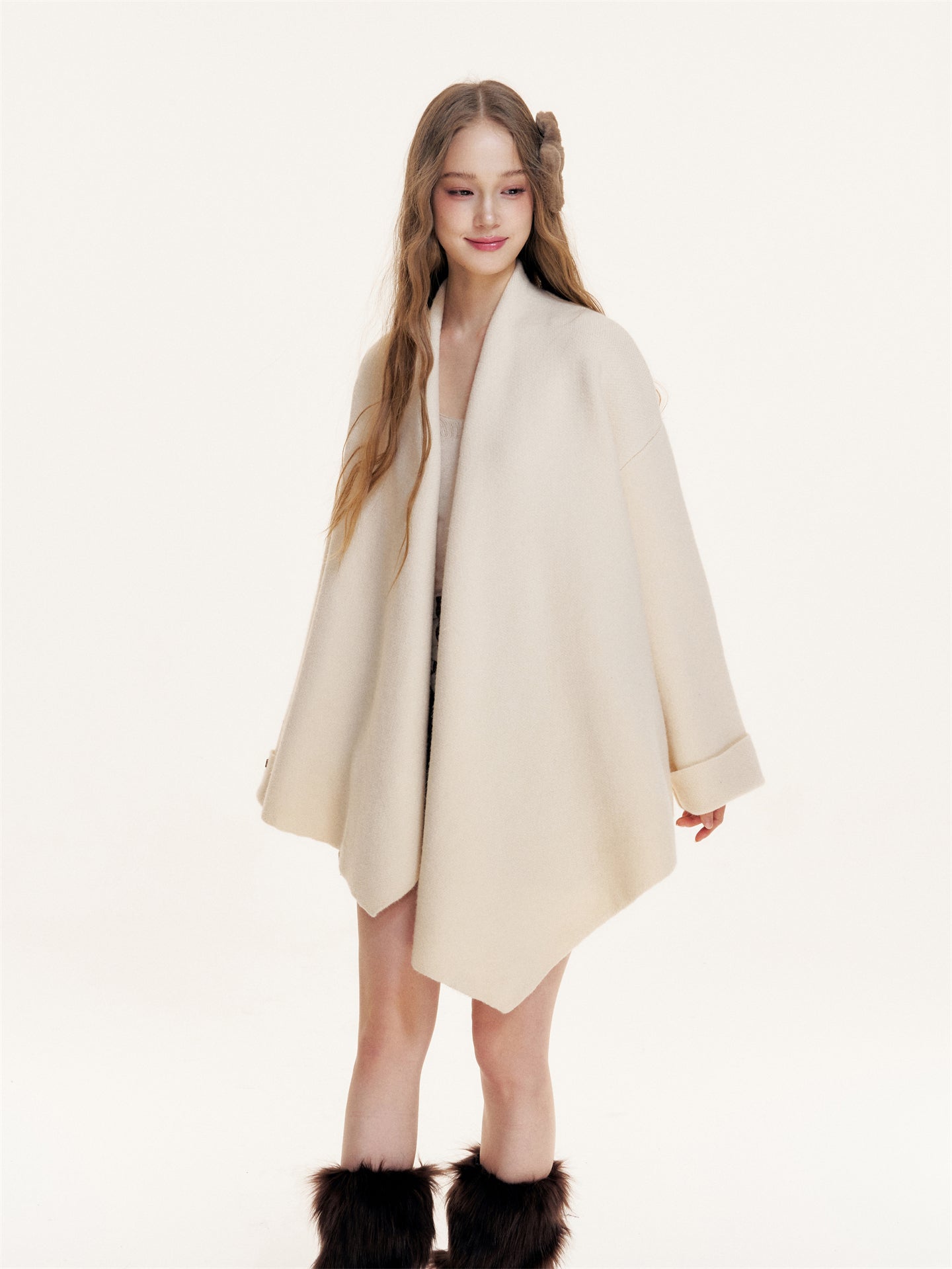 16DEWS 16D25411 Irregular hem lapel woolen cloak coat