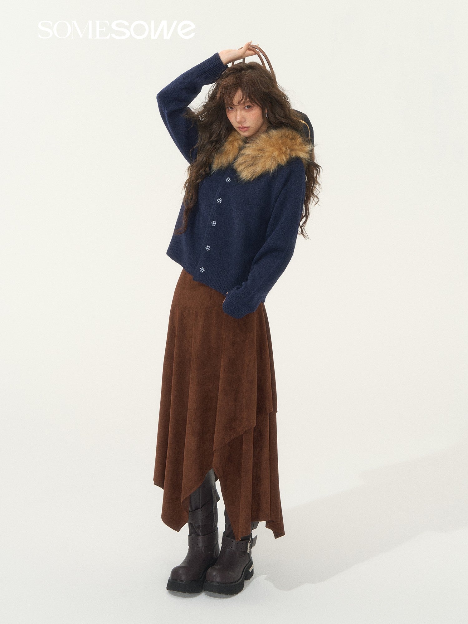 SOMESOWE S2508279 Detachable wool collar cowhide hooded cardigan