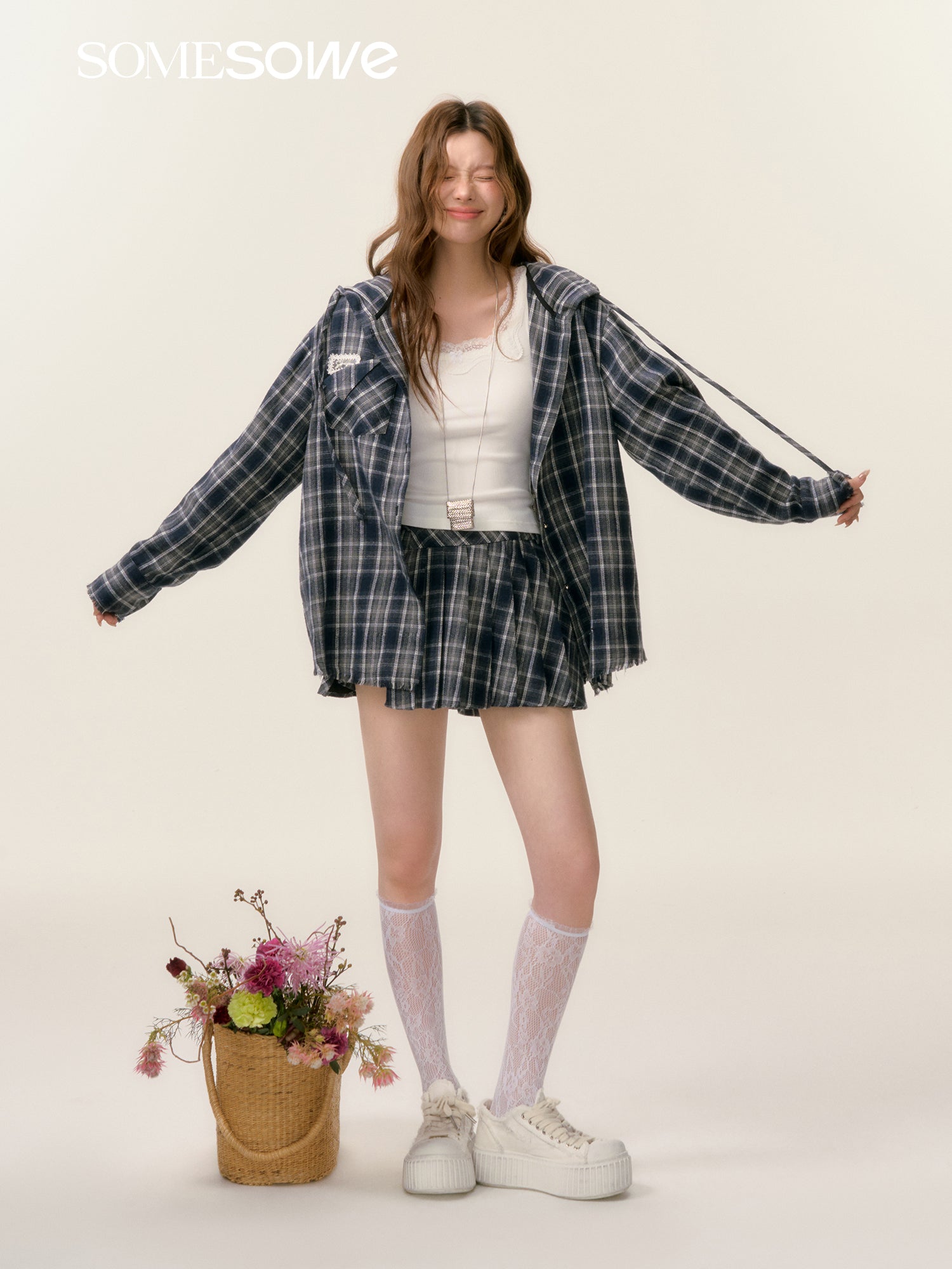 SOMESOWE S2508025&S2508026 Plaid hooded shirt + shorts set(seperate)