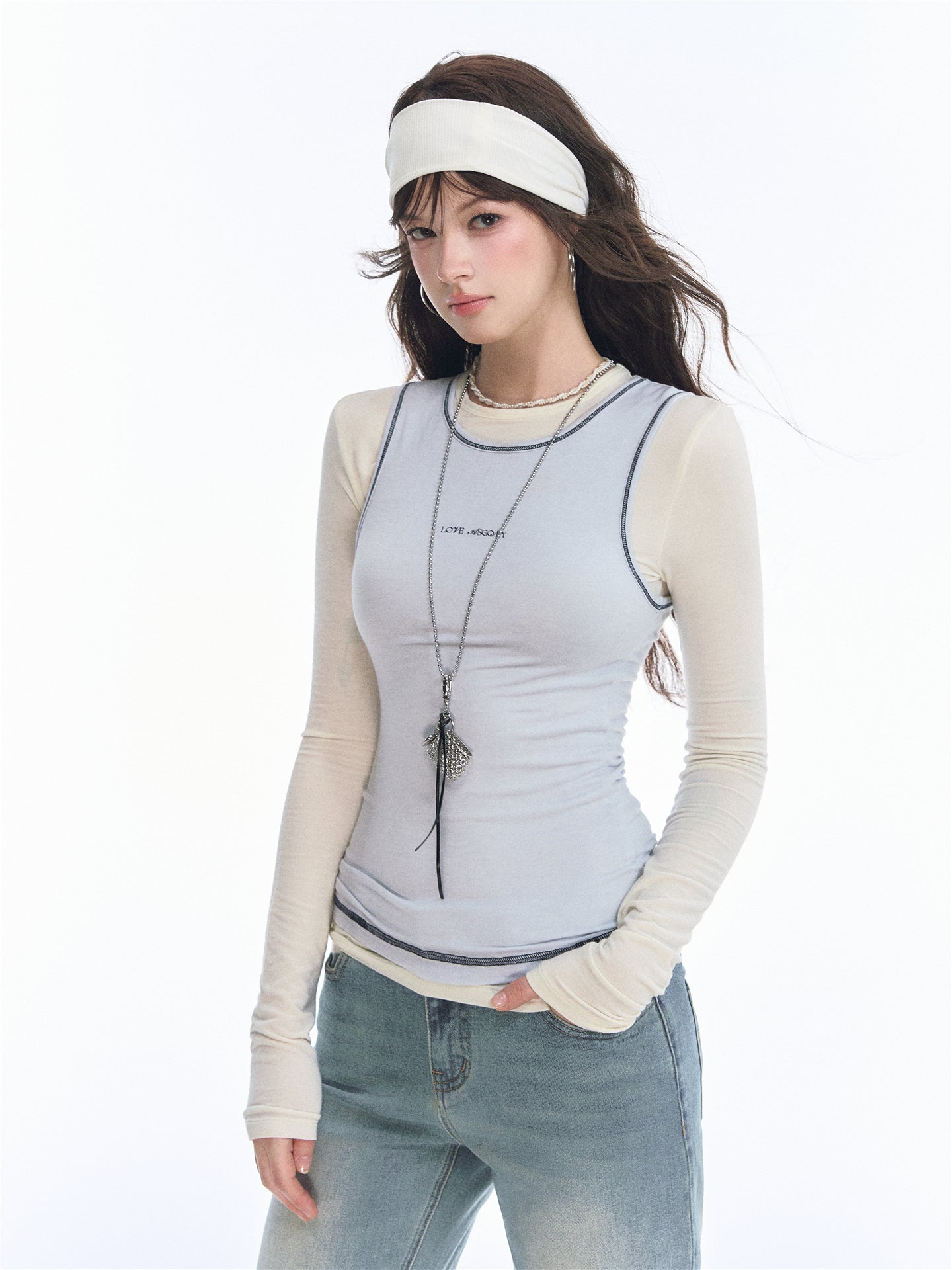 Asgony ASG26548 Wool Modal Contrast-Trim Two-Piece Base T-Shirt