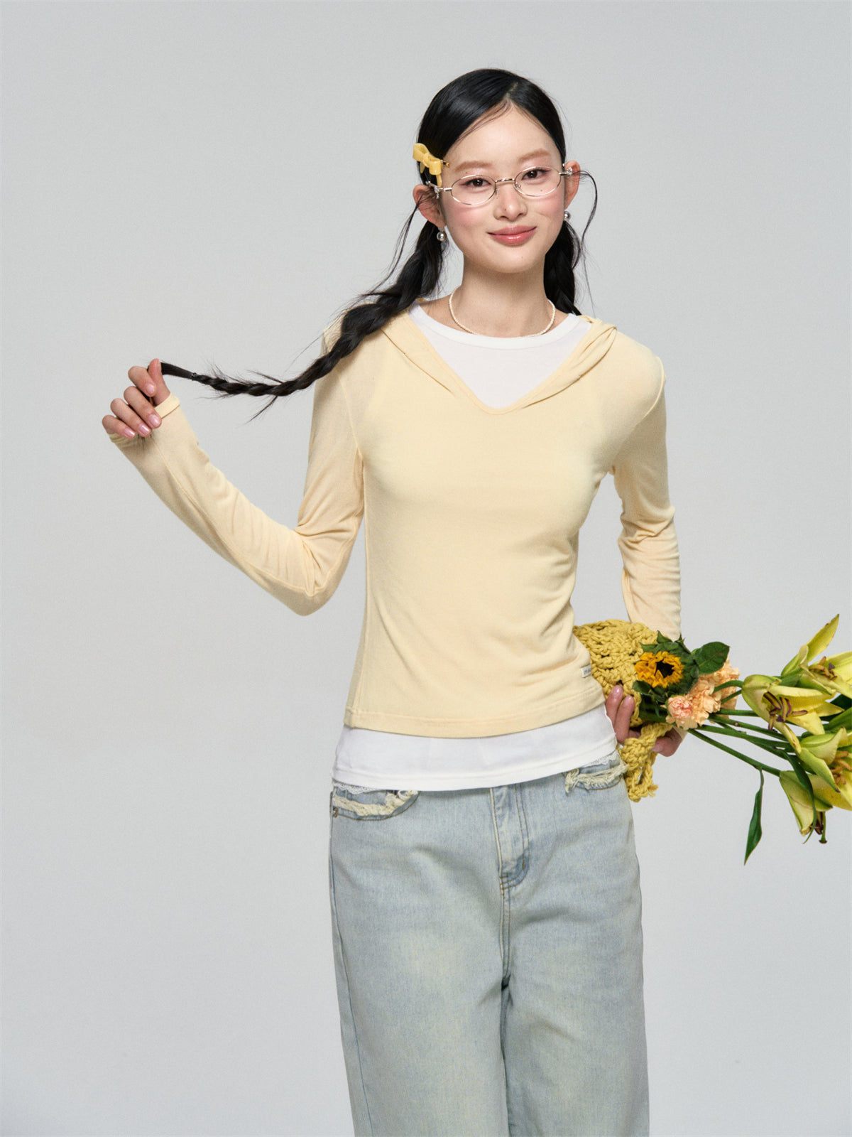 AsGony ASG25066 Lace patchwork two piece slim fit base top