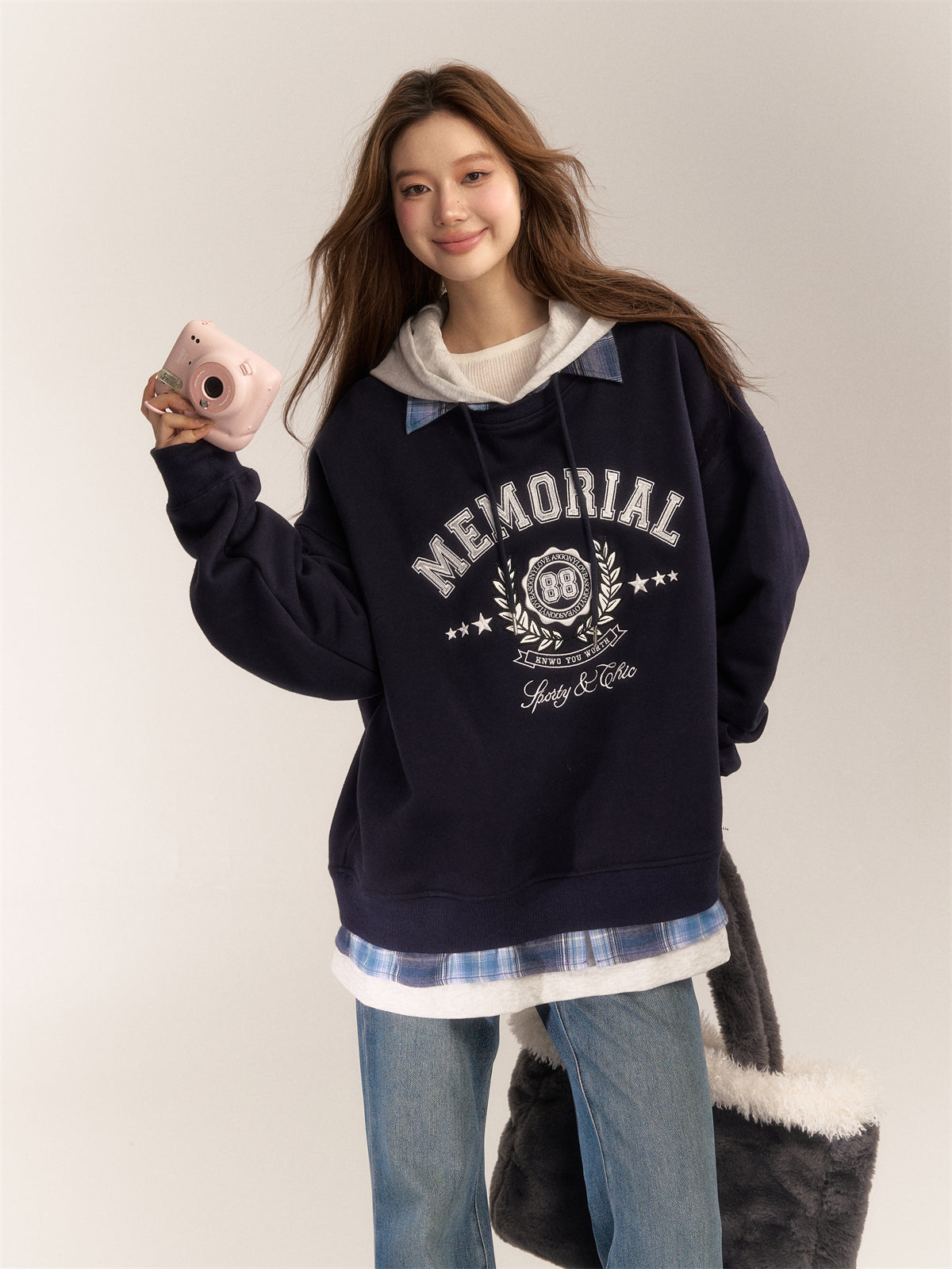 AsGony ASG24643 Vintage patchwork plaid hoodie