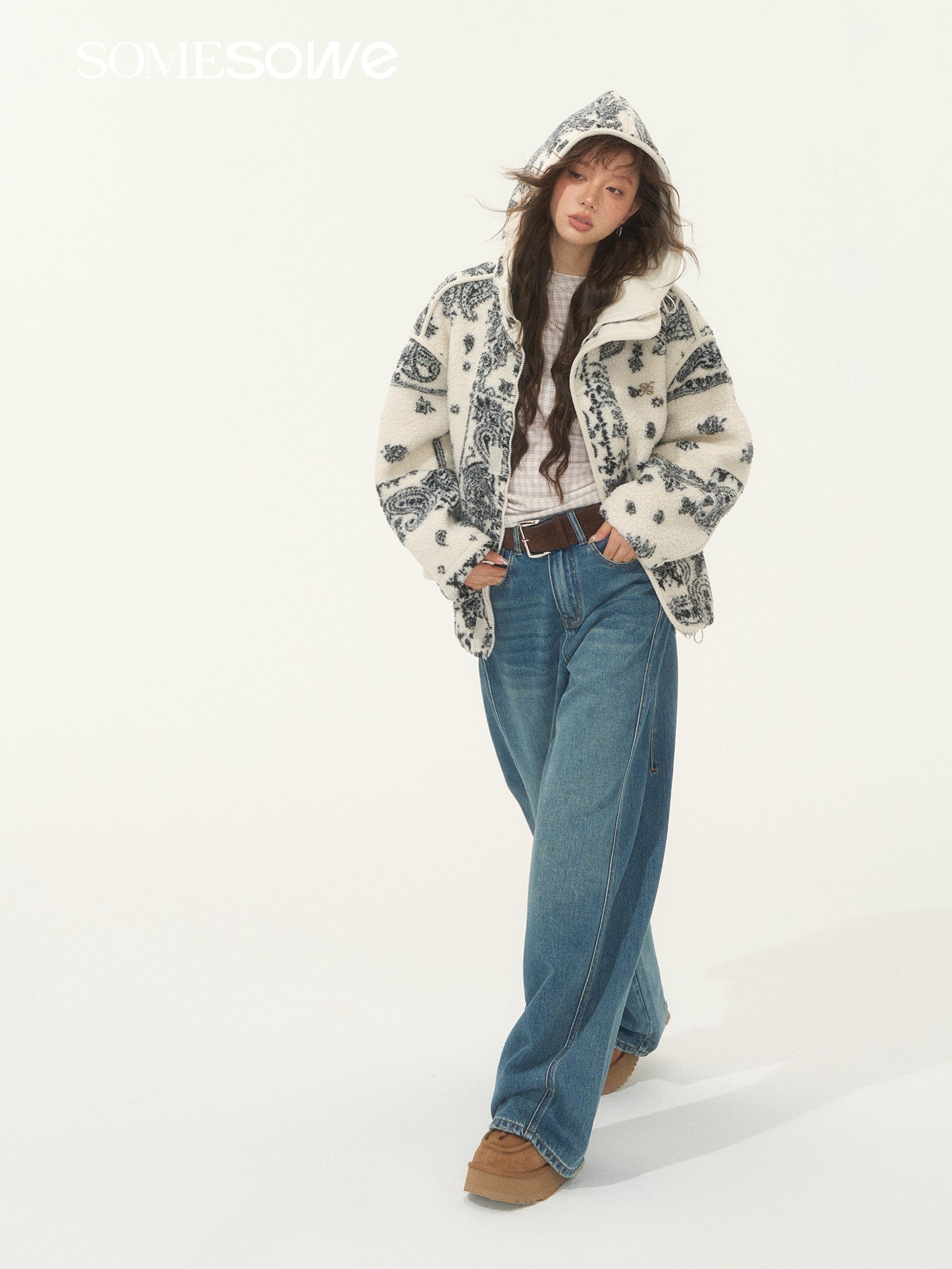 SOMESOWE S2508256 Jacquard fleece hooded casual jacket