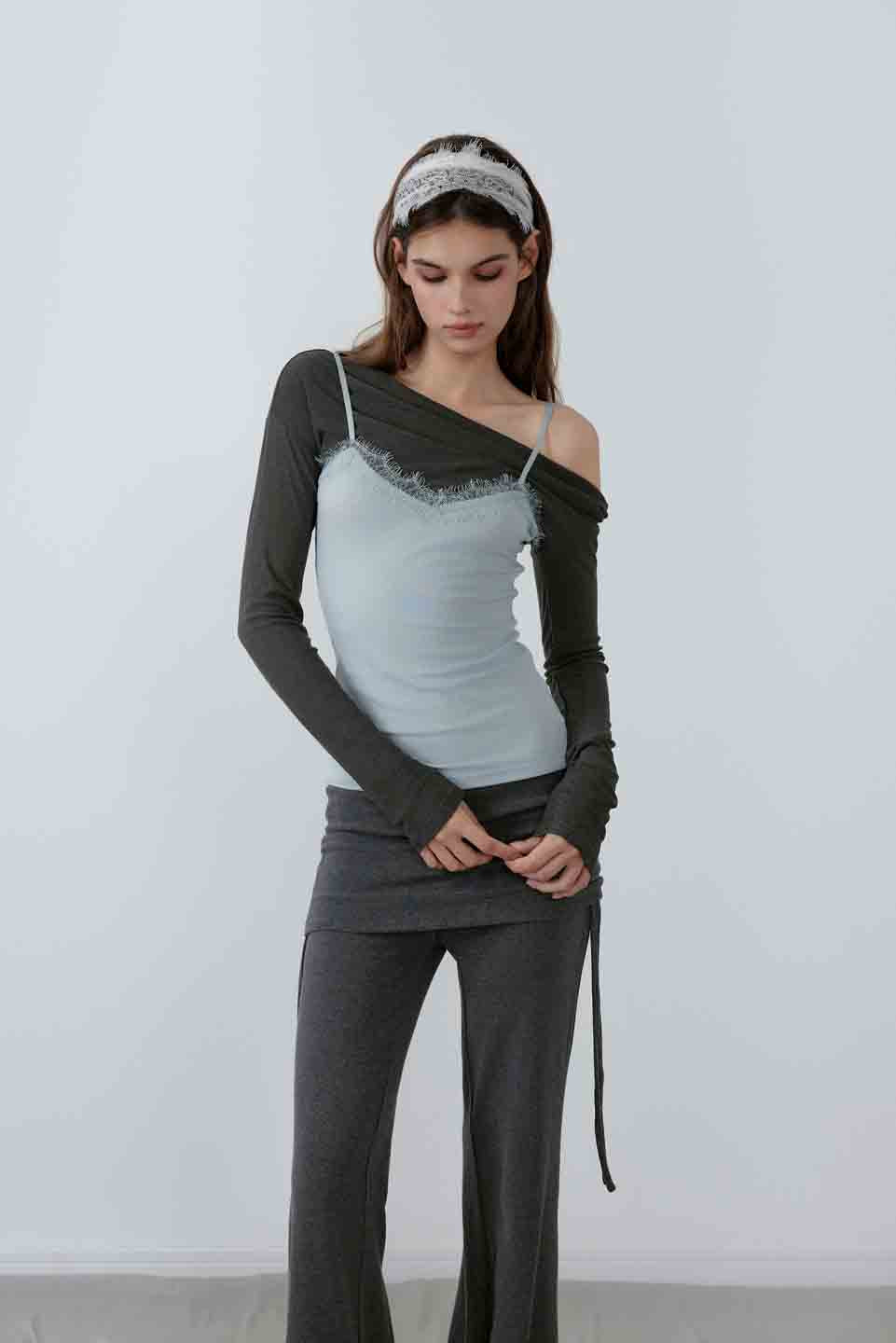 NONCESTNON N222 One shoulder fake two piece top