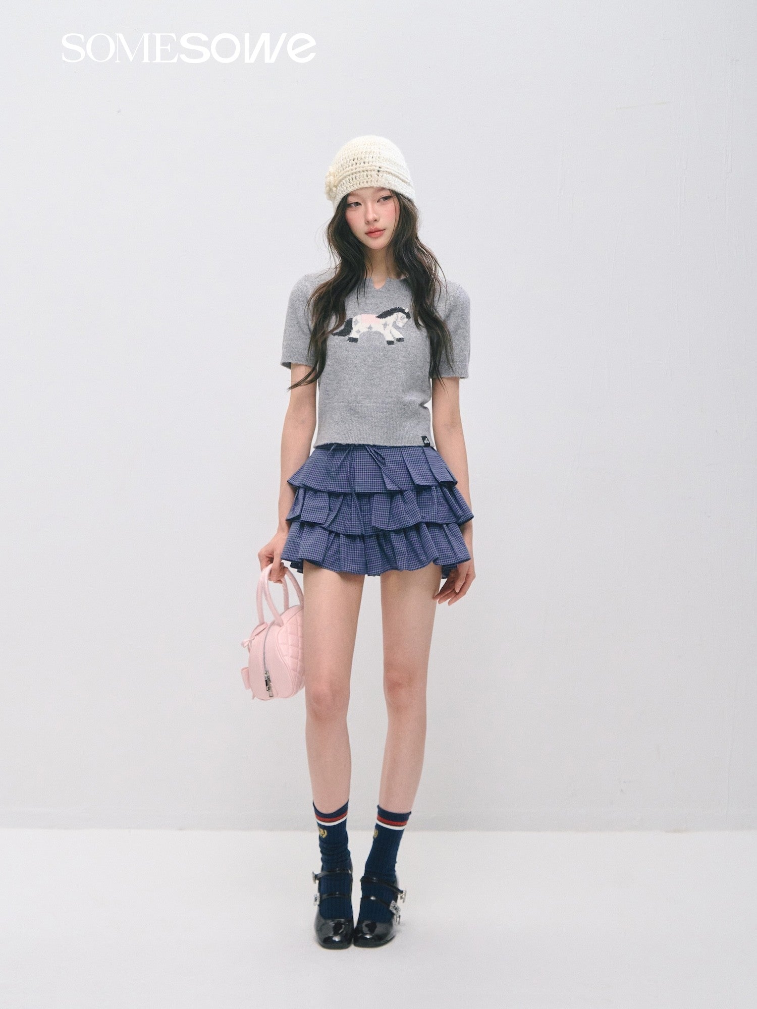 SOMESOWE S2609034 Pony Jacquard Knitted Short Sleeve Top